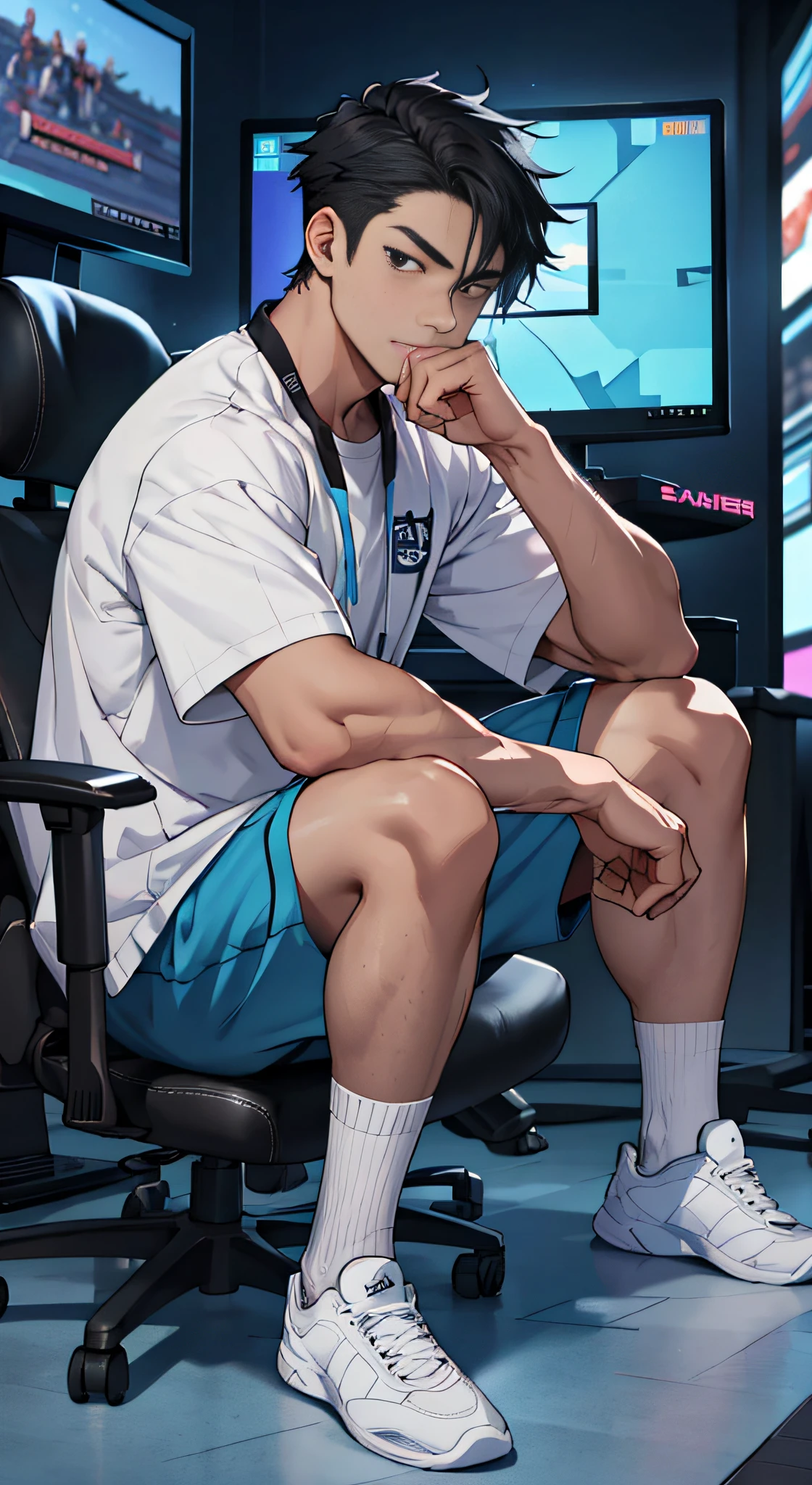 (Best quality: 1.0), 8K, anime boy, round face, short black hair, black eyes, sitting in front of computer playing games, background in esports room, facing the camera, blue shorts, white socks, shy