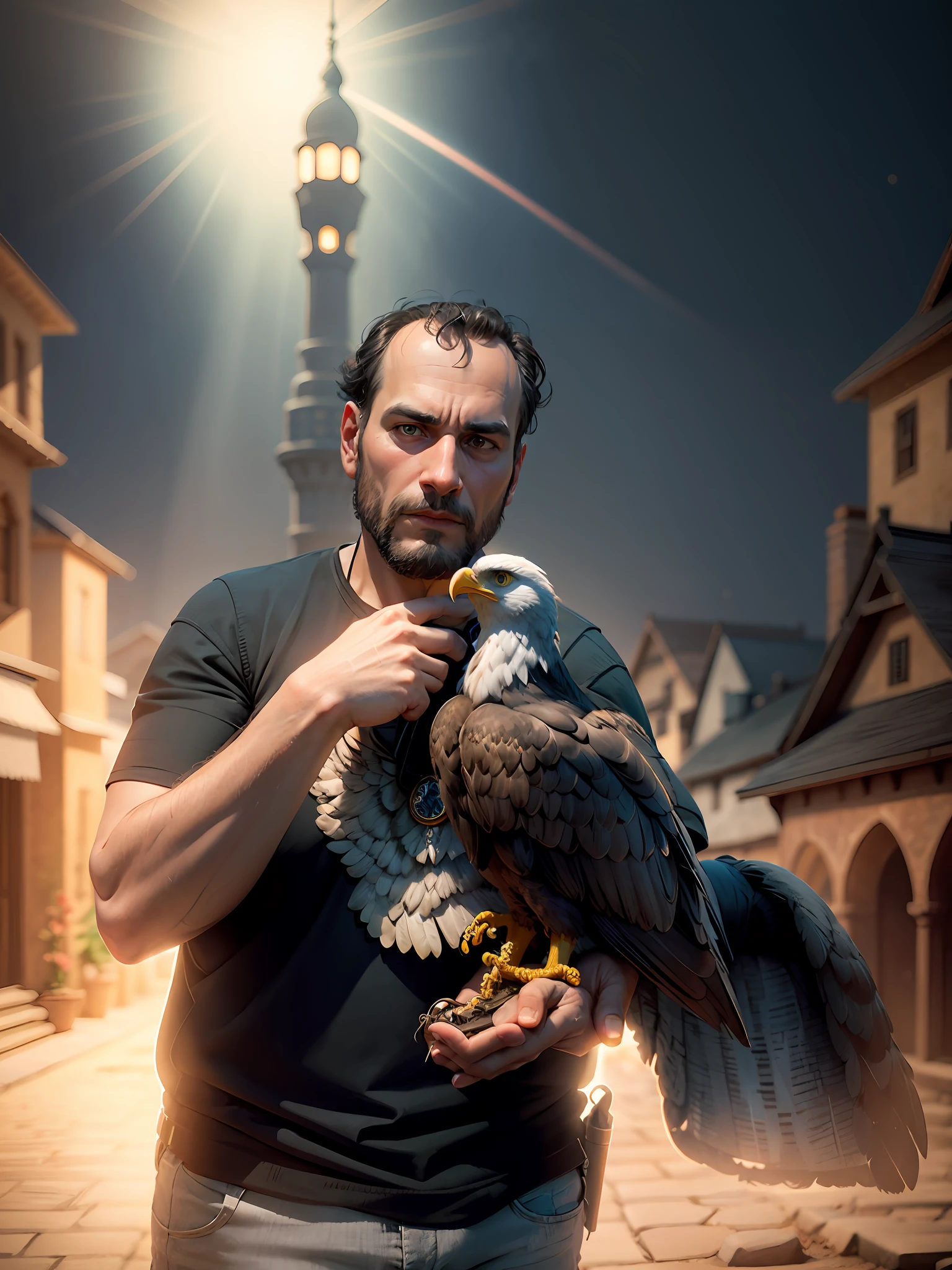 man with his eagle, a knight, in dessert, i. front of village and masjid and village, ultra bright, daylight, day time, sun rays, realistic scene, bright daylight, charming details, full scene, fussy, particular, firefly, max quality, 3d, blender scene, ultra reflective, volumetric elements, moon rising, 2.5D, pixar environment, polygon style, aesthetic, village, mosque, studio ghibli style, intense soft colors, high vibrant, high contrast, micro details, macro details style, infinite zoom, max contrast, max poly, polychrome, ornamented, realistic digital art,