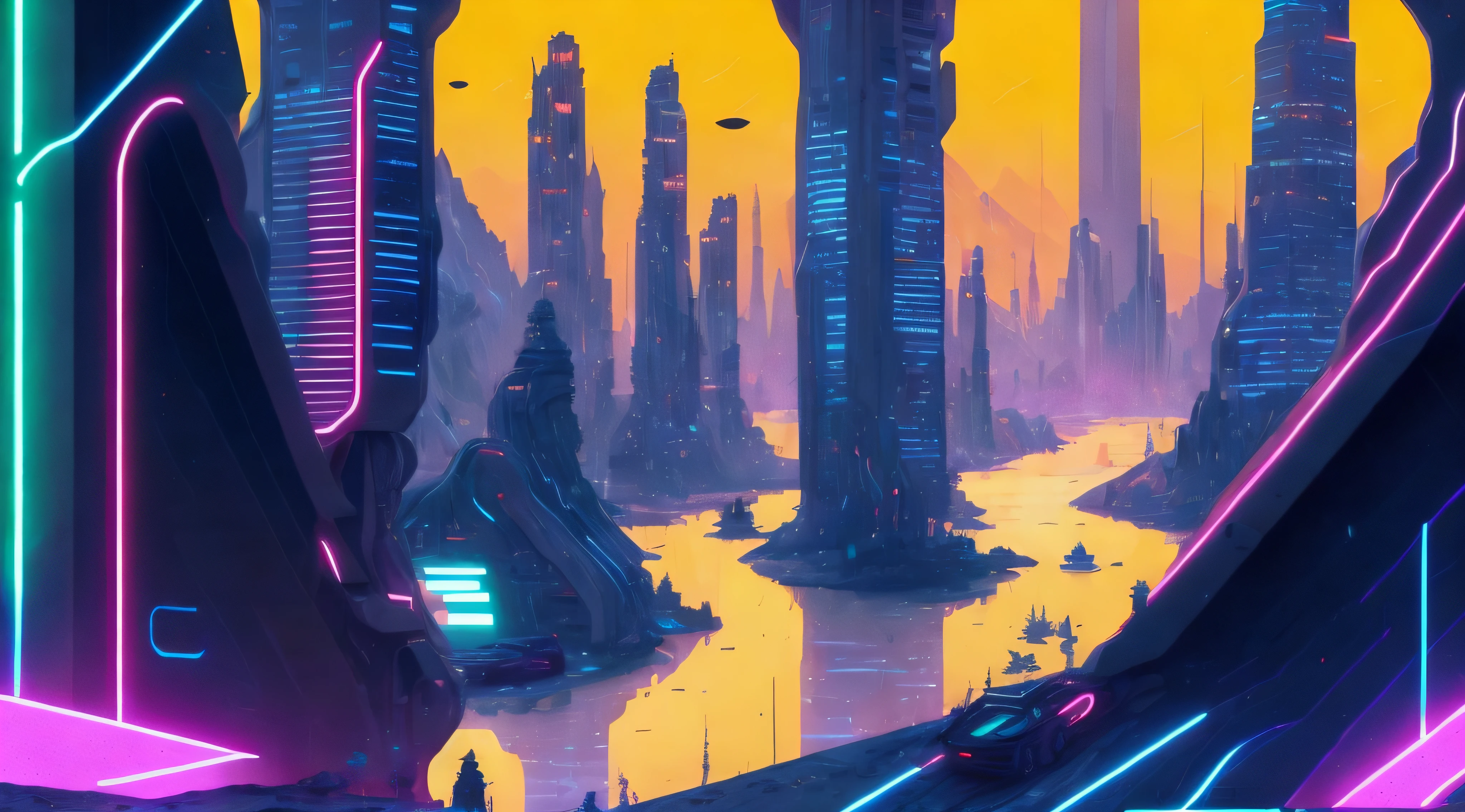 an illustration of a futuristic city with neon lights and a river running through it by Kilian Eng