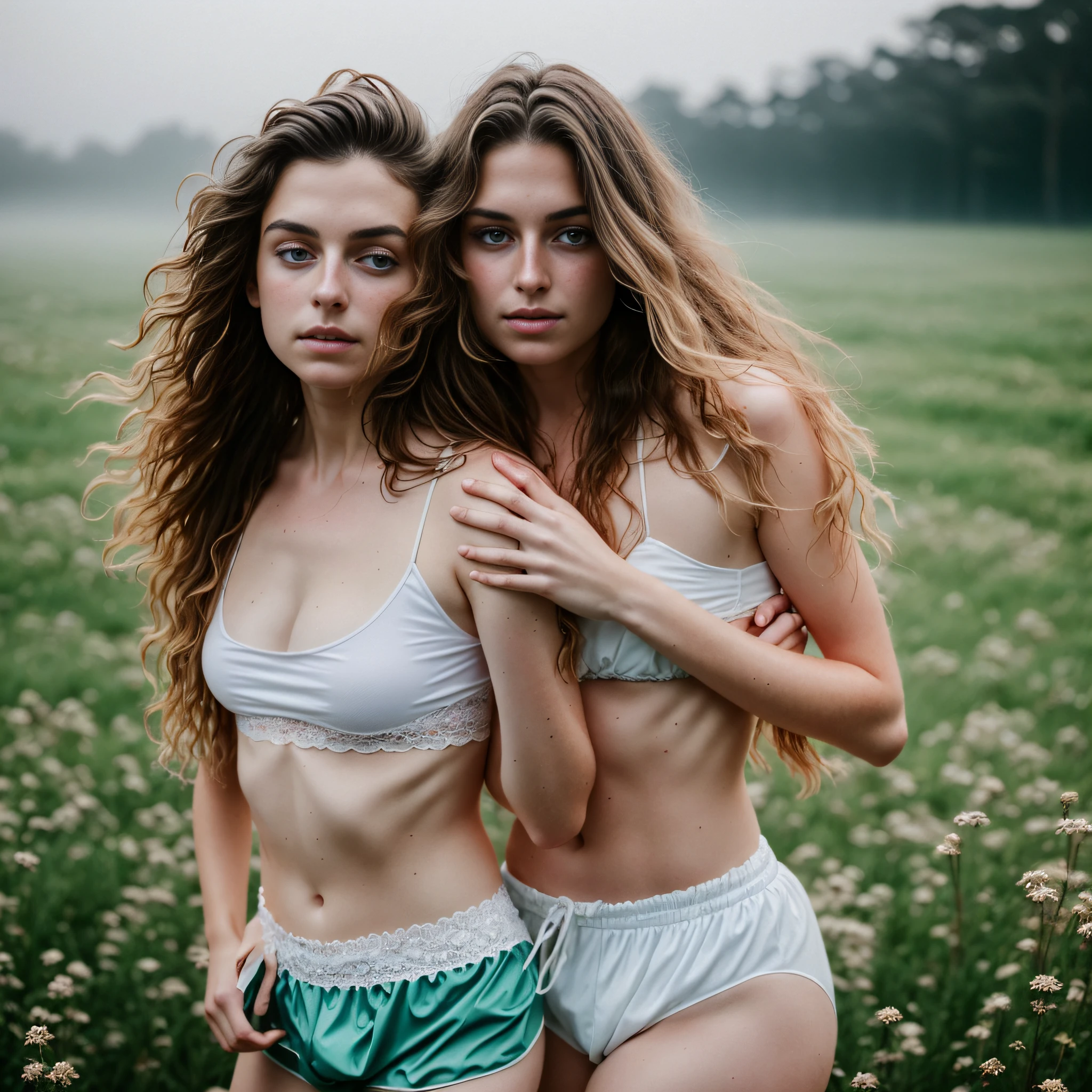 Gorgeous freckly blonde curvy woman, plus size, soft, disheveled skimpy cotton, deep south, southern belle, sultry, bare, exposed, boxershorts, detailed face, foggy, sweaty, godrays, haze, atmospheric, 35mm, F/2.8, 4k, photojournalism, busy background, volumetric lighting, neo-expressionism, art photography, gorgeous mood, hazy morning, surrounded by flowers and petals, sunrays on skin, sweaty, long hair, ultrarealistic