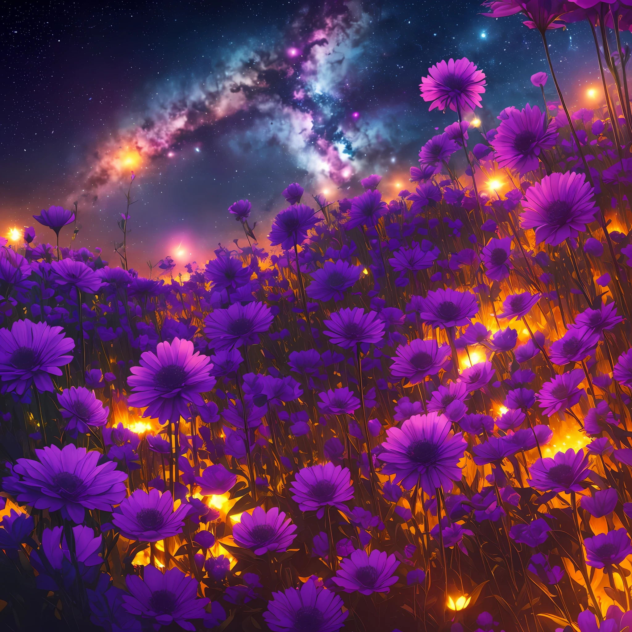 expansive landscape photograph , (a view from below that shows sky above and open field below), a girl standing on flower field looking up, (full moon:1.2), ( shooting stars:0.9), (nebula:1.3), distant mountain, tree BREAK
production art, (warm light source:1.2), (Firefly:1.2), lamp, lot of purple and orange, intricate details, volumetric lighting, realism BREAK
(masterpiece:1.2), (best quality), 4k, ultra-detailed, (dynamic composition:1.4), highly detailed, colorful details,( iridescent colors:1.2), (glowing lighting, atmospheric lighting), dreamy, magical, (solo:1.2) --auto --s2