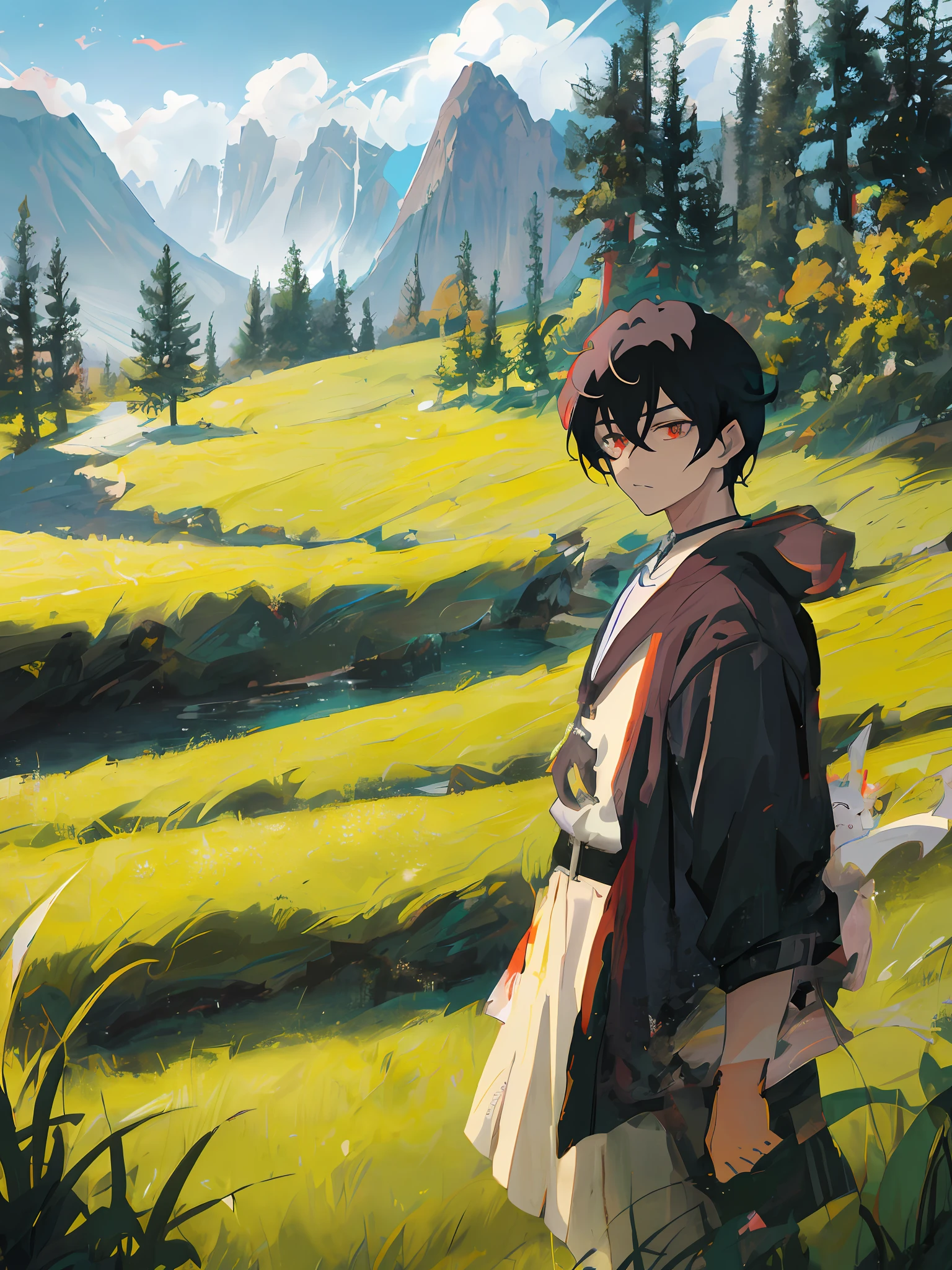 anime - style scene of a man standing in a field with a mountain in the background, anime lush john 8k woods, artwork in the style of guweiz, handsome guy in demon slayer art, anime style 4 k, badass anime 8 k, young anime man, 4k anime wallpaper, anime art wallpaper 8 k, anime art wallpaper 4 k