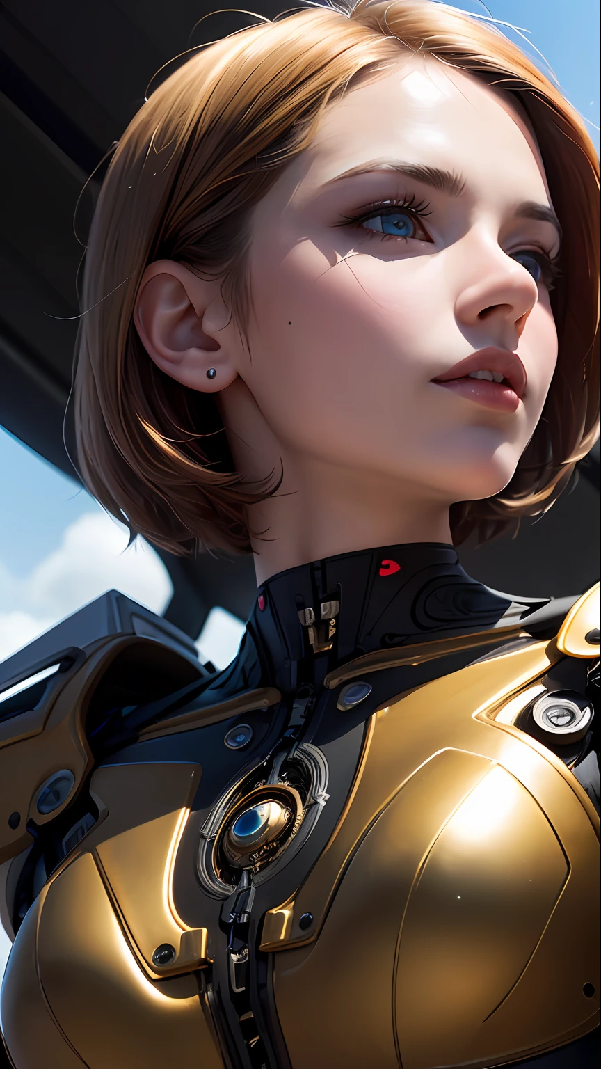 (skindentation:1.5), realistic, realistic, (masterpiece:1.5), concept art, intricate detail, highly detailed, realistic, octane rendering, 8k, unreal engine, dynamic pose, best quality, high resolution, (realistic face:1.1), (hyperrealism:1.1), ((full_body)), perfect eyes, (shiny skin: 1.2), (((hairstyle))), (((perfect hand)) ), (Very detailed background), ((Dynamic background) ), ((Sun)), (Light), ((1girl)), Handsome, Robot (((Shiny mechanical shape))), ((Detailed eyes, High quality eyes, High quality face)), (Extremely complex dress), Short blonde hair, sun, sunlight, ((dramatic)), Epic, Depth of field, Bokeh, 4k, Gothic, Ash, Particle