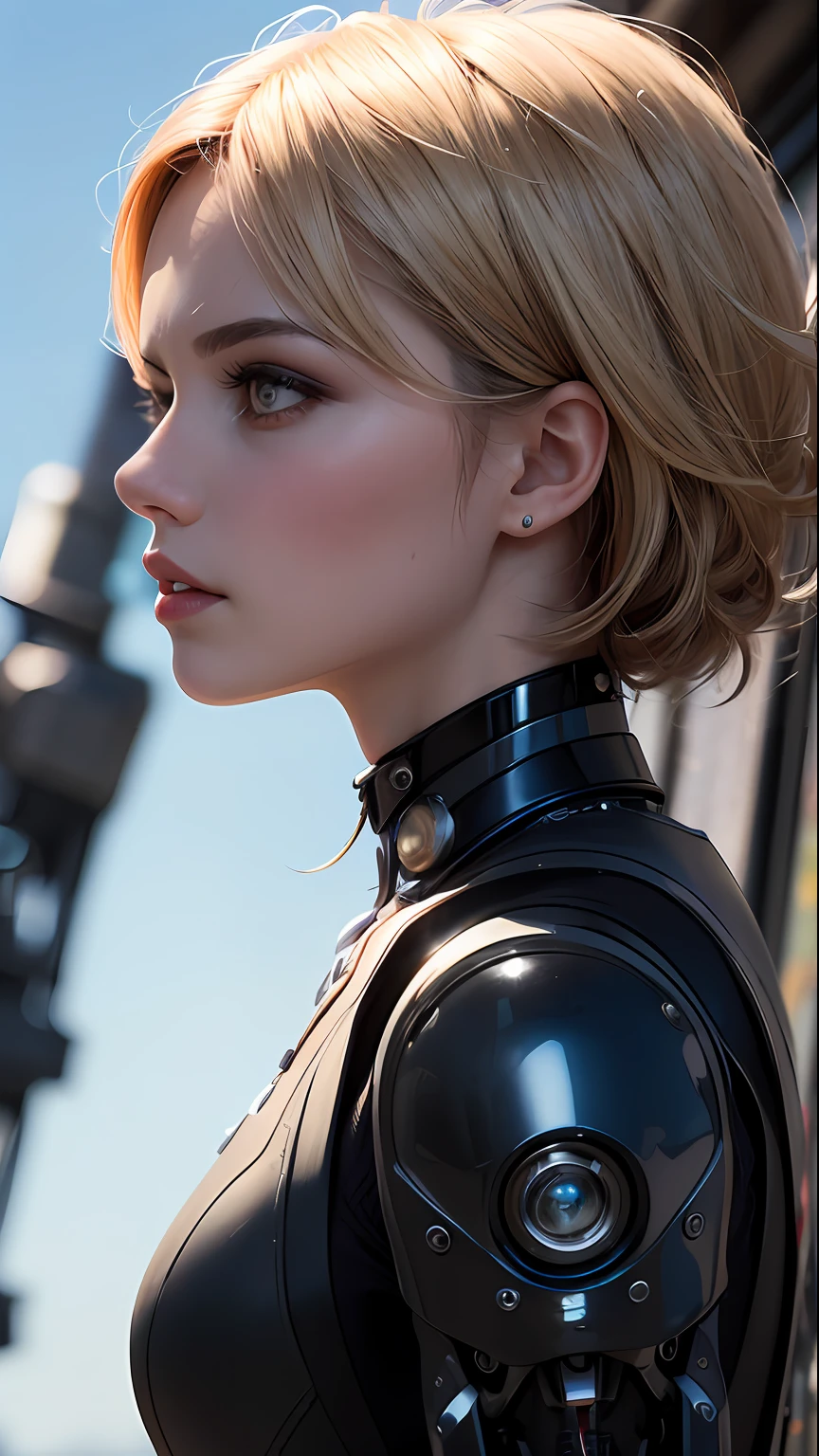 (skindentation:1.5), realistic, realistic, (masterpiece:1.5), concept art, intricate detail, highly detailed, realistic, octane rendering, 8k, unreal engine, dynamic pose, best quality, high resolution, (realistic face:1.1), (hyperrealism:1.1), ((full_body)), perfect eyes, (shiny skin: 1.2), (((hairstyle))), (((perfect hand)) ), (Very detailed background), ((Dynamic background) ), ((Sun)), (Light), ((1girl)), Handsome, Robot (((Shiny mechanical shape))), ((Detailed eyes, High quality eyes, High quality face)), (Extremely complex dress), Short blonde hair, sun, sunlight, ((dramatic)), Epic, Depth of field, Bokeh, 4k, Gothic, Ash, Particle