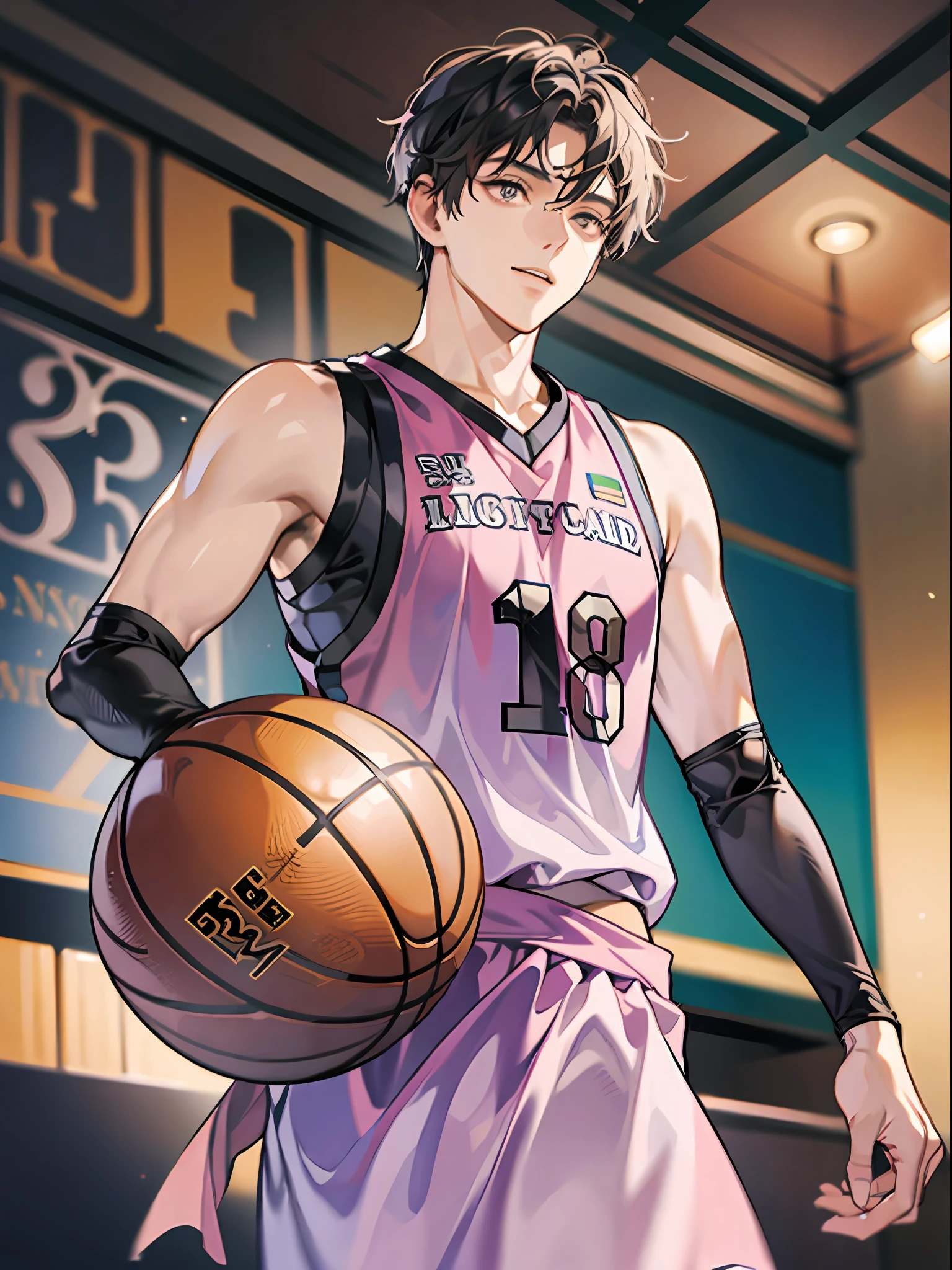 On the basketball court, a handsome boy holds a basketball, the best quality, super detailed, creative, the best details, masterpiece, 8k, epic composition