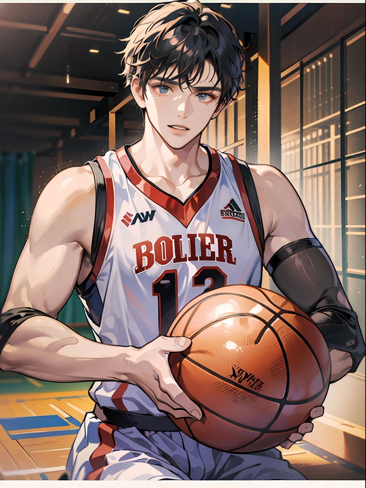 On the basketball court, a handsome boy holds a basketball, the best quality, super detailed, creative, the best details, masterpiece, 8k, epic composition