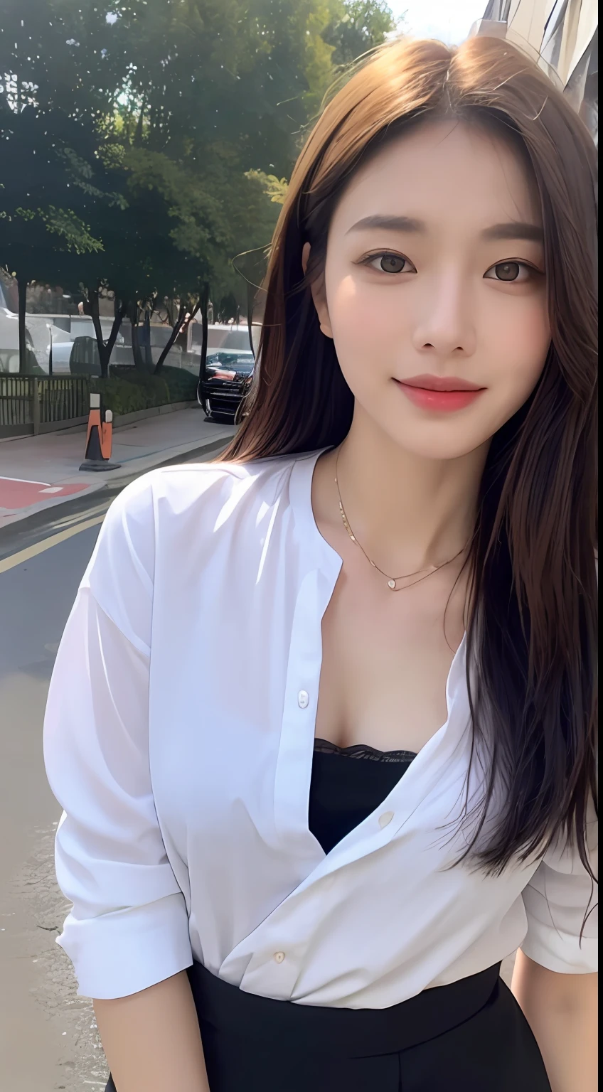 ((Best Quality, 8K, Masterpiece: 1.3)), Focus: 1.2, Perfect Body Beauty: 1.4, Buttocks: 1.2, (Layered Haircut, Chest: 1.2)), (Wet Clothes: 1.1), (Rain, Street: 1.3), Highly Detailed Face and Skin Texture, Fine Eyes, Double Eyelids, Whitened Skin, Long Hair, (Silently: 1.3), Smile, OL, White Shirt with Collar, Short Skirt