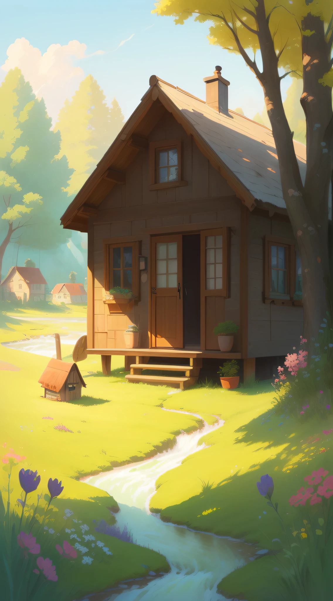 There is a small house in the middle of the field with flowers, anime background art, background art, drawn in the anime painter studio, relaxing concept art, stylized concept art, comfortable home background, house background, there is also a mountain behind the house, there is a flowing stream at the door of the house, there are fish in the stream, summer afternoon, cute art style, anime landscape concept art, made with anime painter studio, background artwork, idyllic cottage, cute detailed digital art
