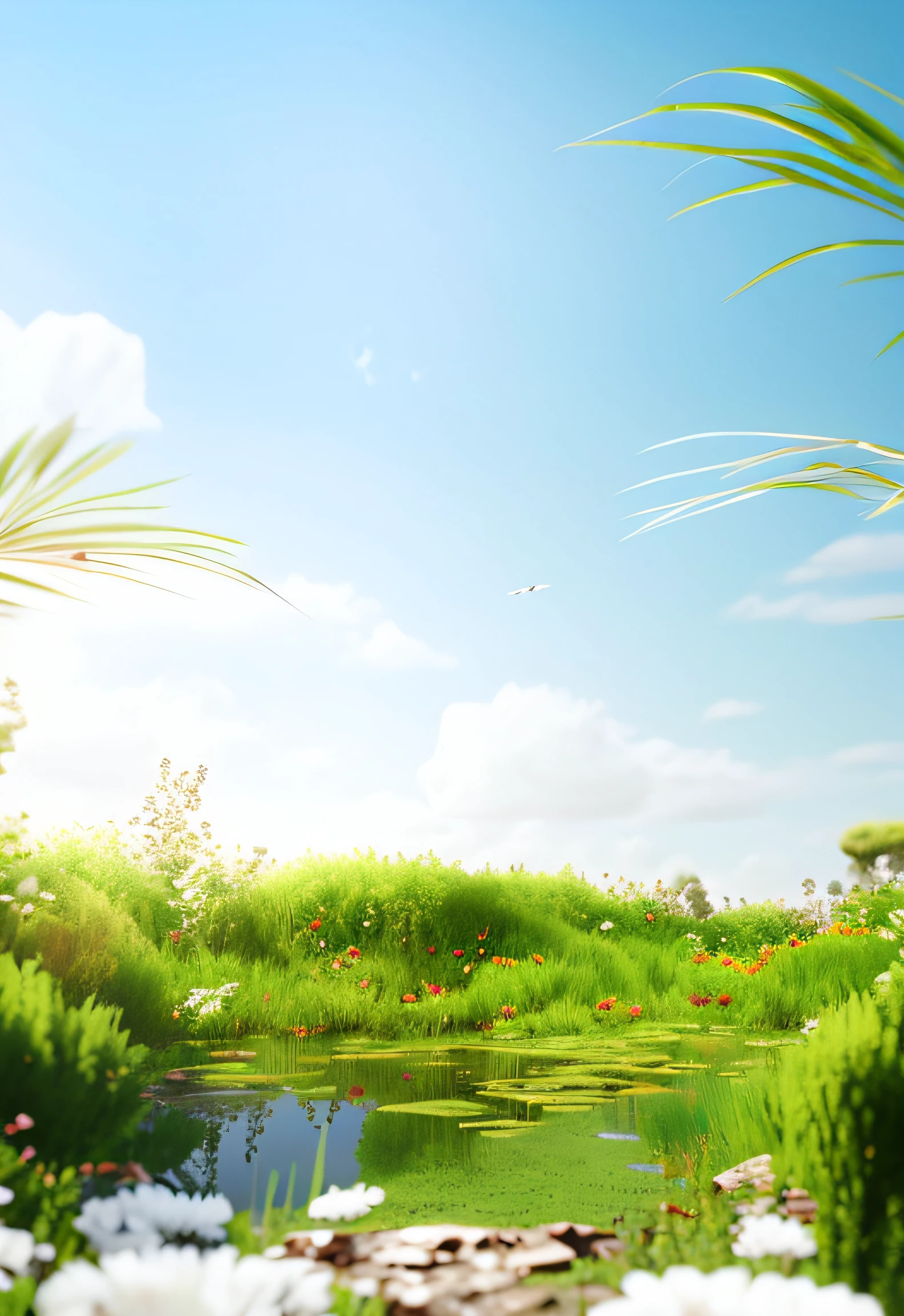 There are ponds, sky, nature wallpapers, beautiful landscape rendering, beautiful wallpapers, sunny summer, amazing wallpapers, nature backgrounds, Unreal Engine 4k wallpapers, background lush vegetation, beautiful iPhone wallpapers, low angle 8k HD nature photos, wallpapers for mobile, background environment. 8 K, natural and realistic rendering