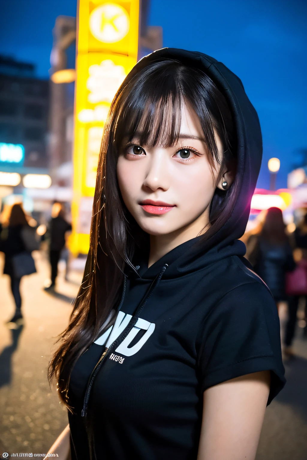 (8k, RAW photo, best quality, masterpiece:1.2), ultra detailed, ultra high res,
(realistic, photo realistic:1.37), high detail RAW color photo, professional photograph,
an extremely delicate and beautiful, extremely detailed, 8k wallpaper, Amazing, finely detail, huge file size, official art, extremely detailed CG unity 8k wallpaper,
extremely detailed beautiful girl, extremely detailed face, extremely detailed eyes, extremely detailed skin, extremely detailed fingers, extremely detailed nose, extremely detailed mouth, perfect anatomy, highly detailed background, extremely detailed clothing,
1girl, (18 years old:1.2), teenage, cute girl, famous japanese idol, kawaii,
(small breasts:1.2), realistic body, petite,
fair skin, shiny skin, slender body, good figure,
black hair, long straight hair, (blunt bangs:1.2),
smile, cute, young, cute face, baby face, realistic face,
beautifully detailed eyes, drooping eyes, beautiful big eyes, large dark eyes, beautiful and clear eyes,
(hoodie:1.2), short sleeve, short pants, thigh, necklace, earrings,
looking at viewer, cowboy shot, front view, standing posture, contrapposto,
outdoors, (night:1.2), neon city, neon light, neon sign, public, crowd,
dynamic lighting,