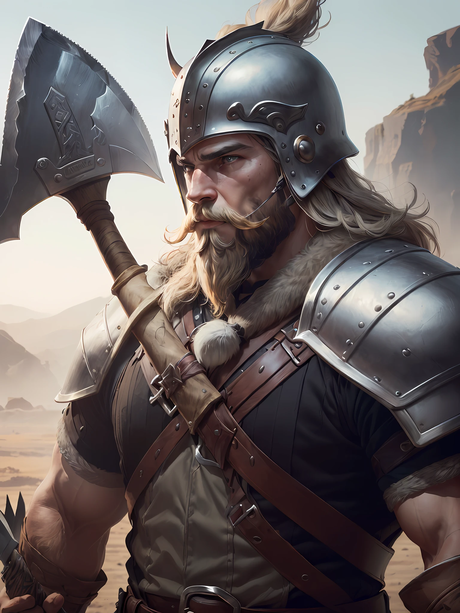 1 Man ((African)) warrior ((Viking))(beard on the battlefield, wearing Viking armor, muscular (((Detailed helmet)) ((large Axe in handdetailed))detailed face,(shielddetailed) as drop shadow, halftone, vanishing point, diffraction peaks, f/1.8, Nikon, high detail, UHD, masterpiece, best quality, highres, 32k