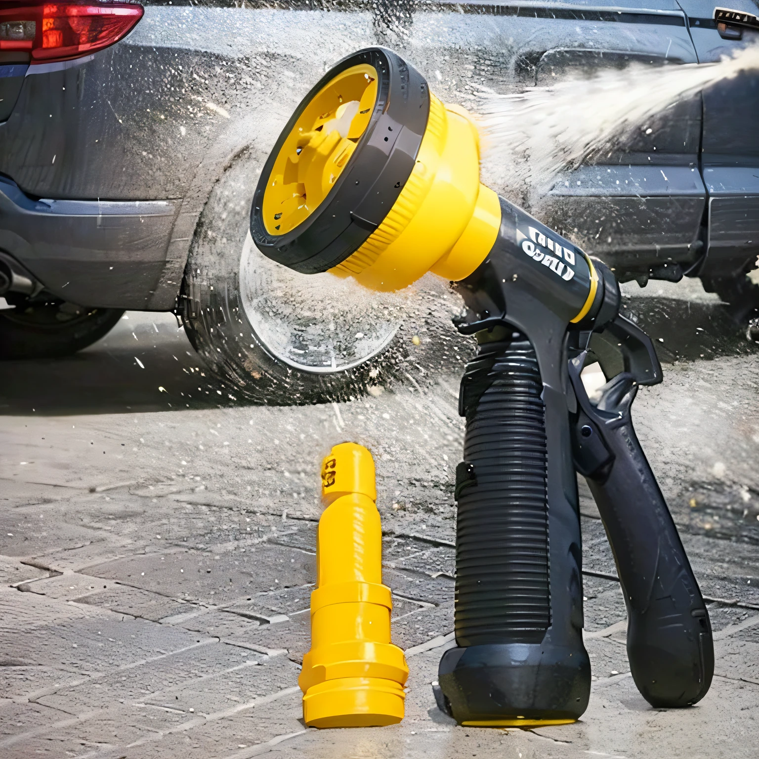 arafed hose attached to a car with a spray gun, powerful detail, spray brush, easy, perfect detail, more details, sharp detail, detailing, rubber hose style, spray, composite, astonishing detail, brilliant detail, hoses, 4 8 0 p, 480p, 3 6 0 p, thumbnail, high details!, 85mm