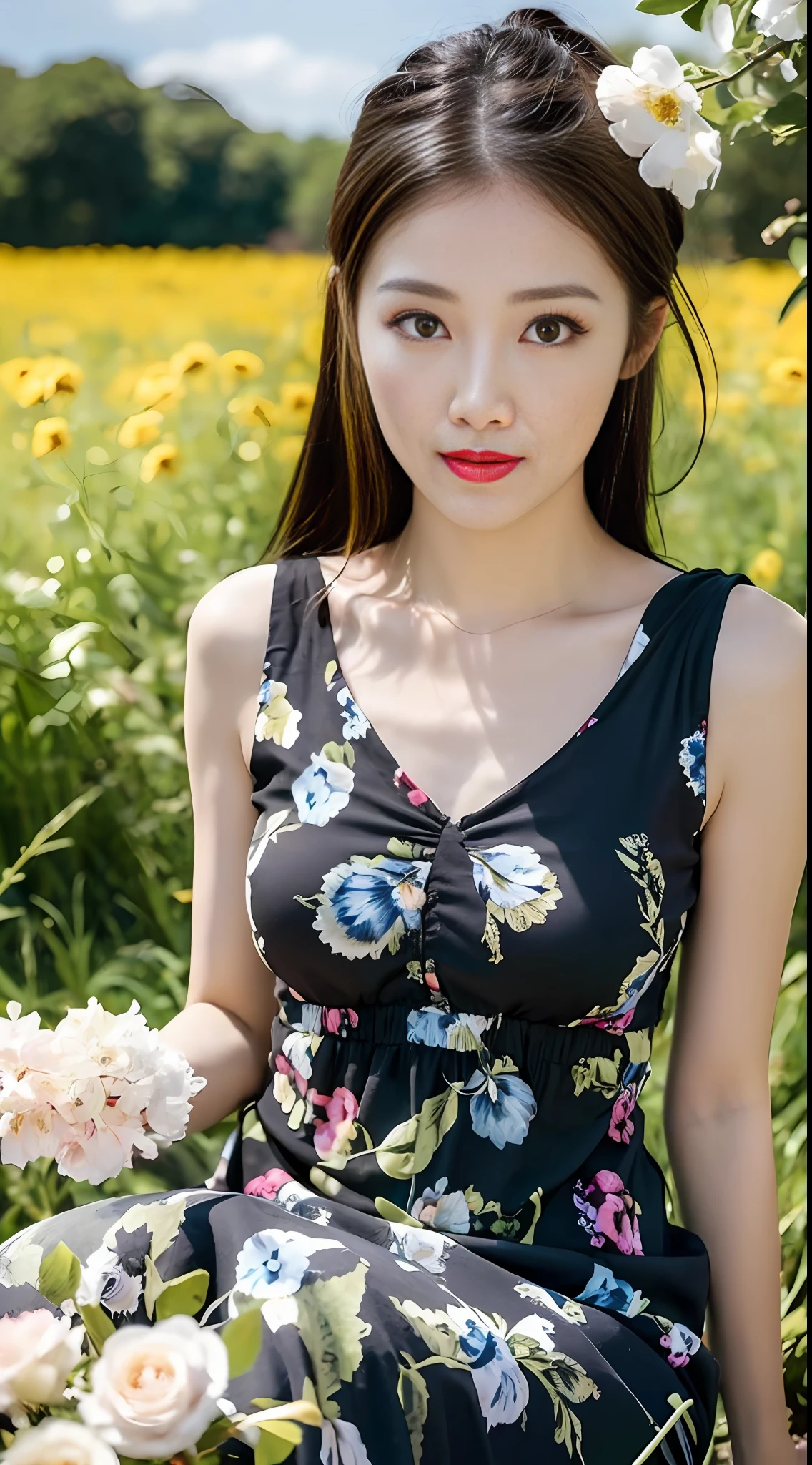 best quarity， Hyper detailed， Meisterwerk， Fine detail， great resolution， 8k 壁纸， realistic detailed， Clothing details， skin details,A pretty maiden，Pure，melon seed face，Gentle and lovely，Thin stature,front Face，Tilt your head，((Sleeveless T-Camisa，，Printed maxi dress))，Black fluffy long ponytail hair，Large round black eyes，Big clear eyes，Hydrated red lips，sweet beauty，sitting，the flowers，grass field，blue sky with white clouds，sun shine，Idyllic background，