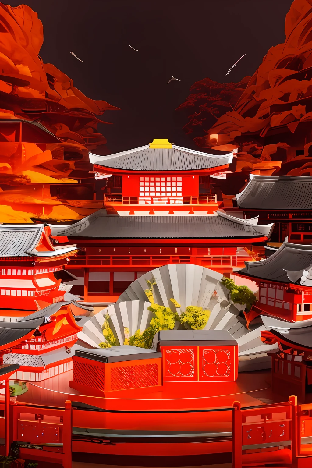 there is a picture of a red building with a red fan, pop japonisme 3 d ultra detailed, japonisme 3 d 8 k ultra detailed, japanese fantasy, inspired by Torii Kiyomasu, colorful kitsune city, intricate ornate anime cgi style, japanese city, inspired by Torii Kiyomasu II, inspired by Torii Kiyomitsu --auto