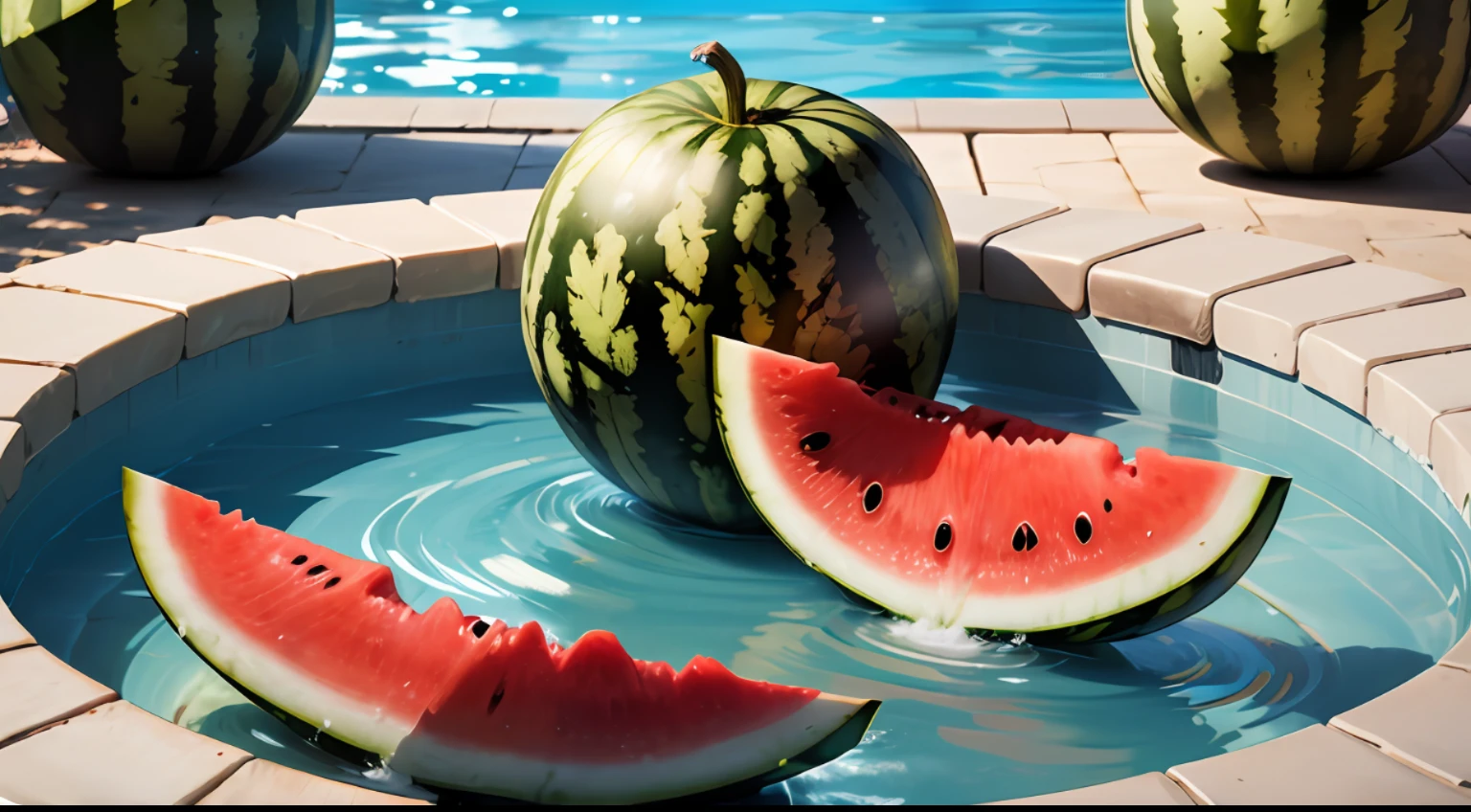 Summer, watermelon, pool, high quality 8K panorama. --auto
