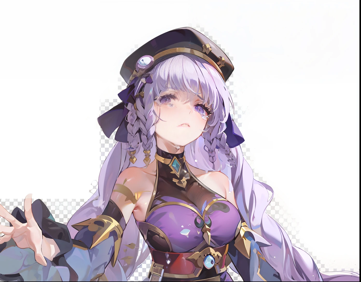 Aggrieved expression, deep purple eyes, with tears