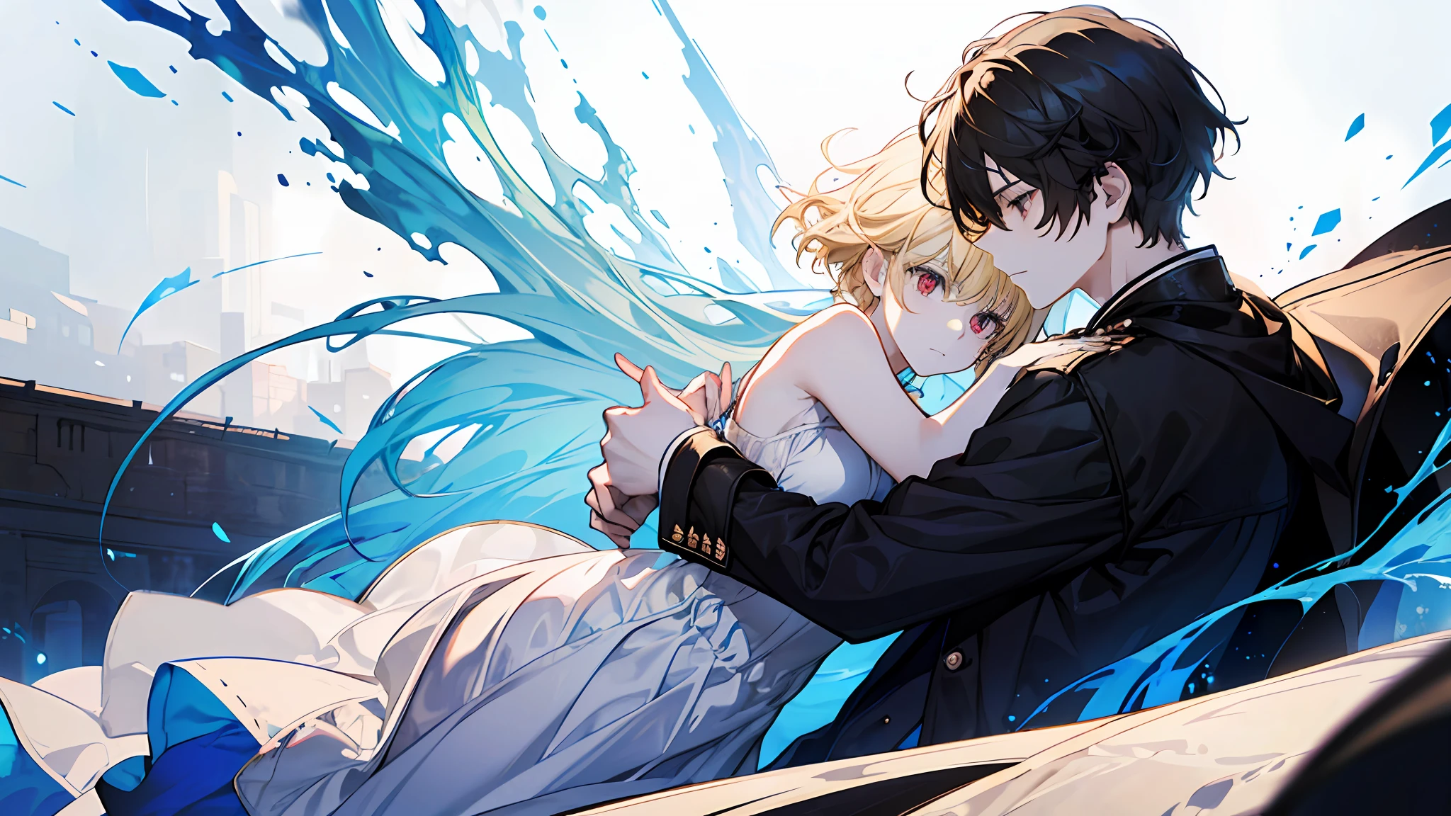 (a girl beautiful otherworldly elegant long blonde hair simple dress white blue long dress), (a boy red eyes short hair black hair black trench coat), (hug), (western medieval town), square, extreme details,