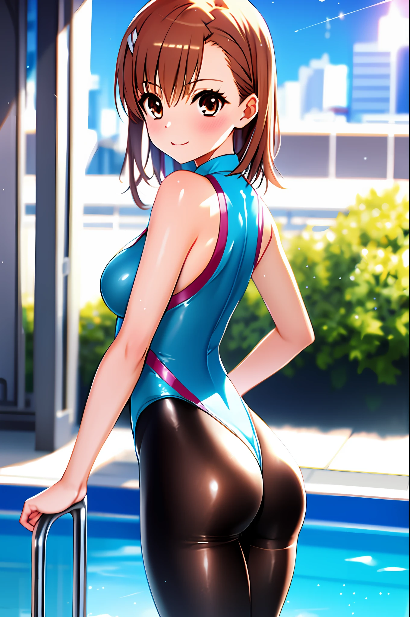 masterpiece, best quality, misaka_mikoto, brown eyes, looking at viewer, pool background, solo, small breast, upper body, , smile, close_mouth, ((standing)), lens flare abuse, thicc, onegirl, 1girl, nice ass, sexy pose, one girl, camel toe, sport suit, body suit, sexy pose, back pose, nice ass, condom belt, leotard, wet, pantyhose