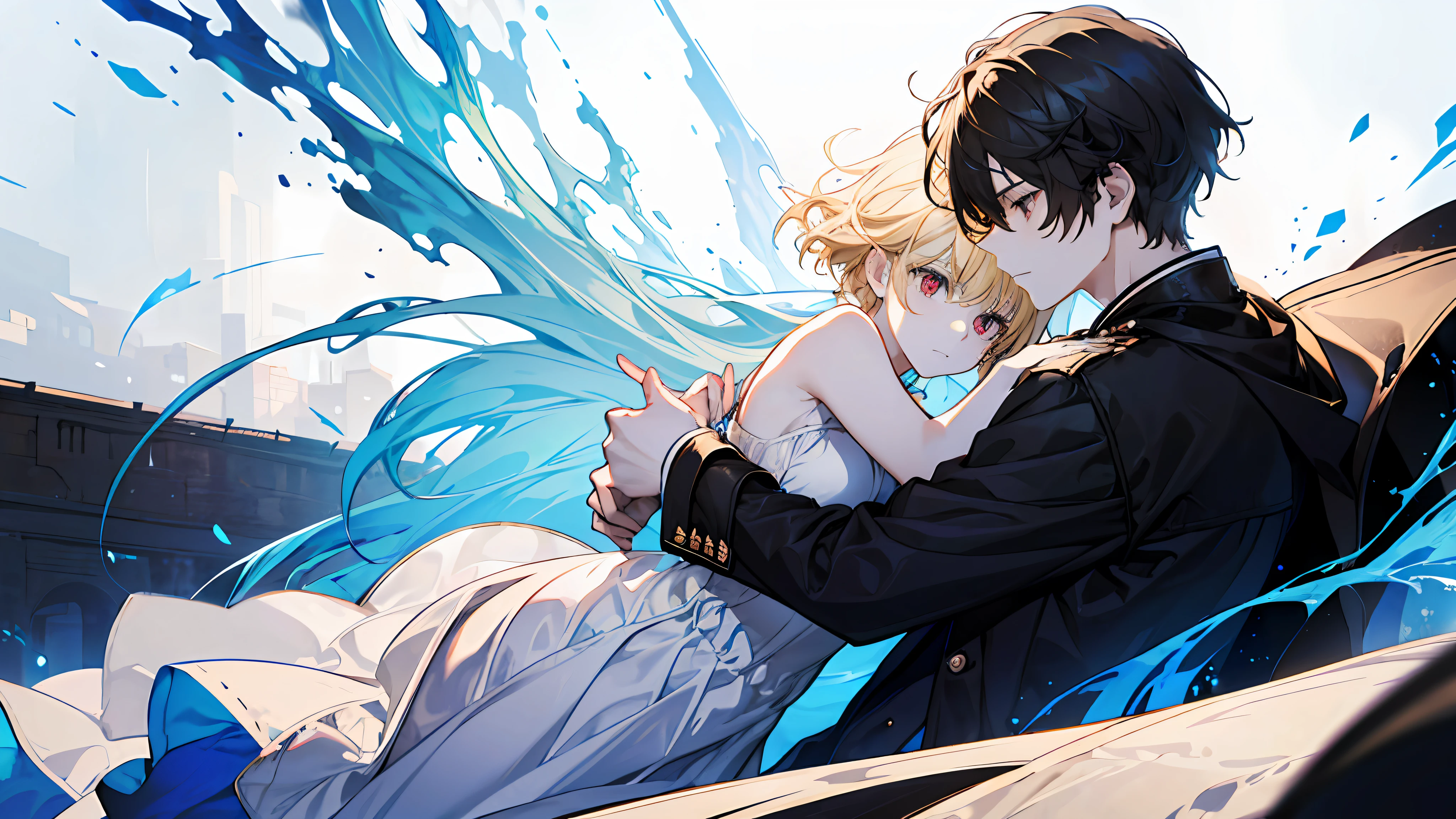 (a girl beautiful otherworldly elegant long blonde hair simple dress white blue long dress), (a boy red eyes short hair black hair black trench coat), (hug), (western medieval town), square, extreme details,