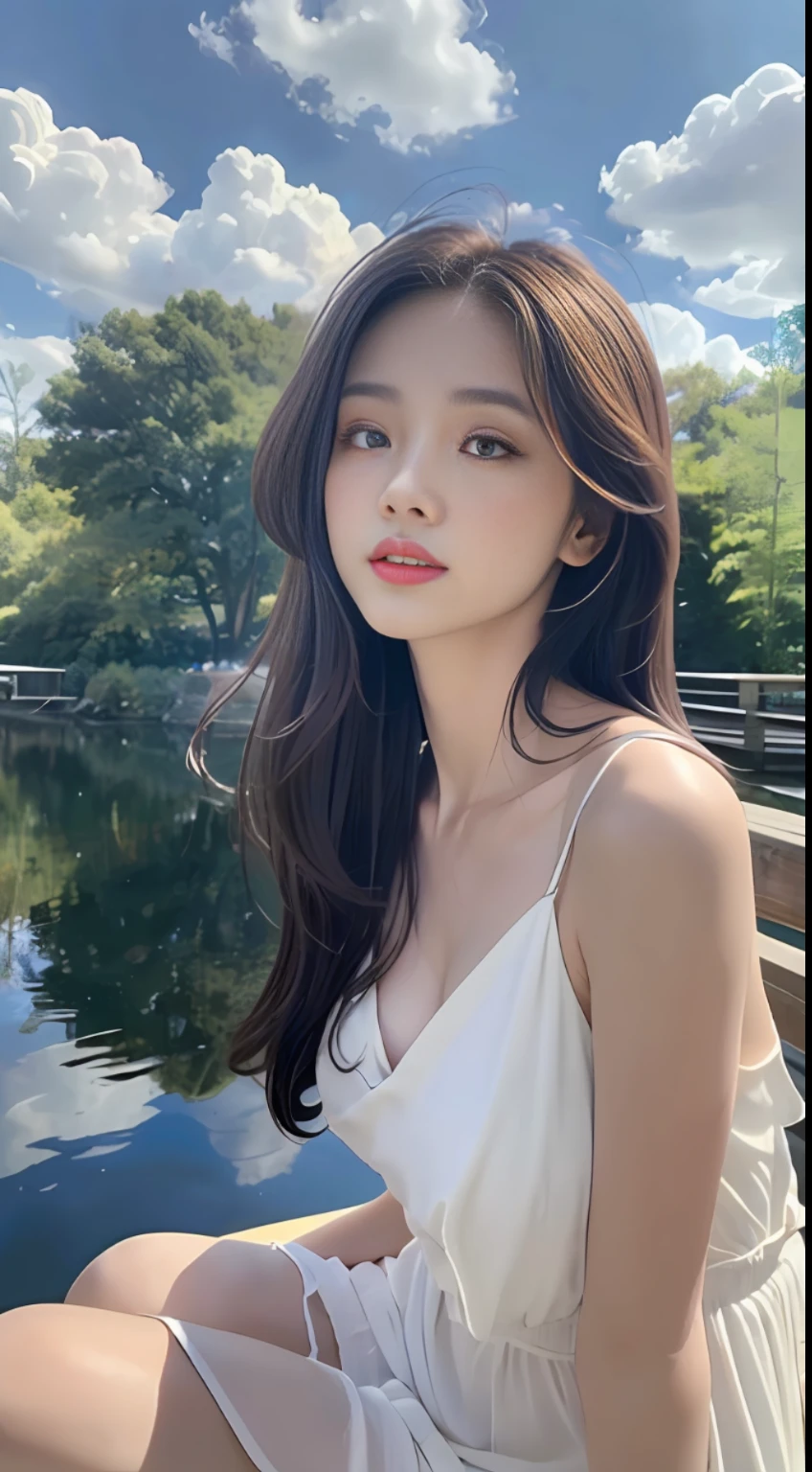 ((Best Quality, 8K, Masterpiece:1.3)), a beautiful girl, pure, melon face, gentle and cute, thin figure, (frontal), (tilted head), looking directly into the camera, [detached sleeves::0], [collared shirt::0], [capri pants::0], black silky long straight hair, long hair flowing over the shoulders, round black big eyes, clear big eyes, moist red lips, sweet, sitting by the pond, blue sky and white clouds, sunshine ,, idyllic background