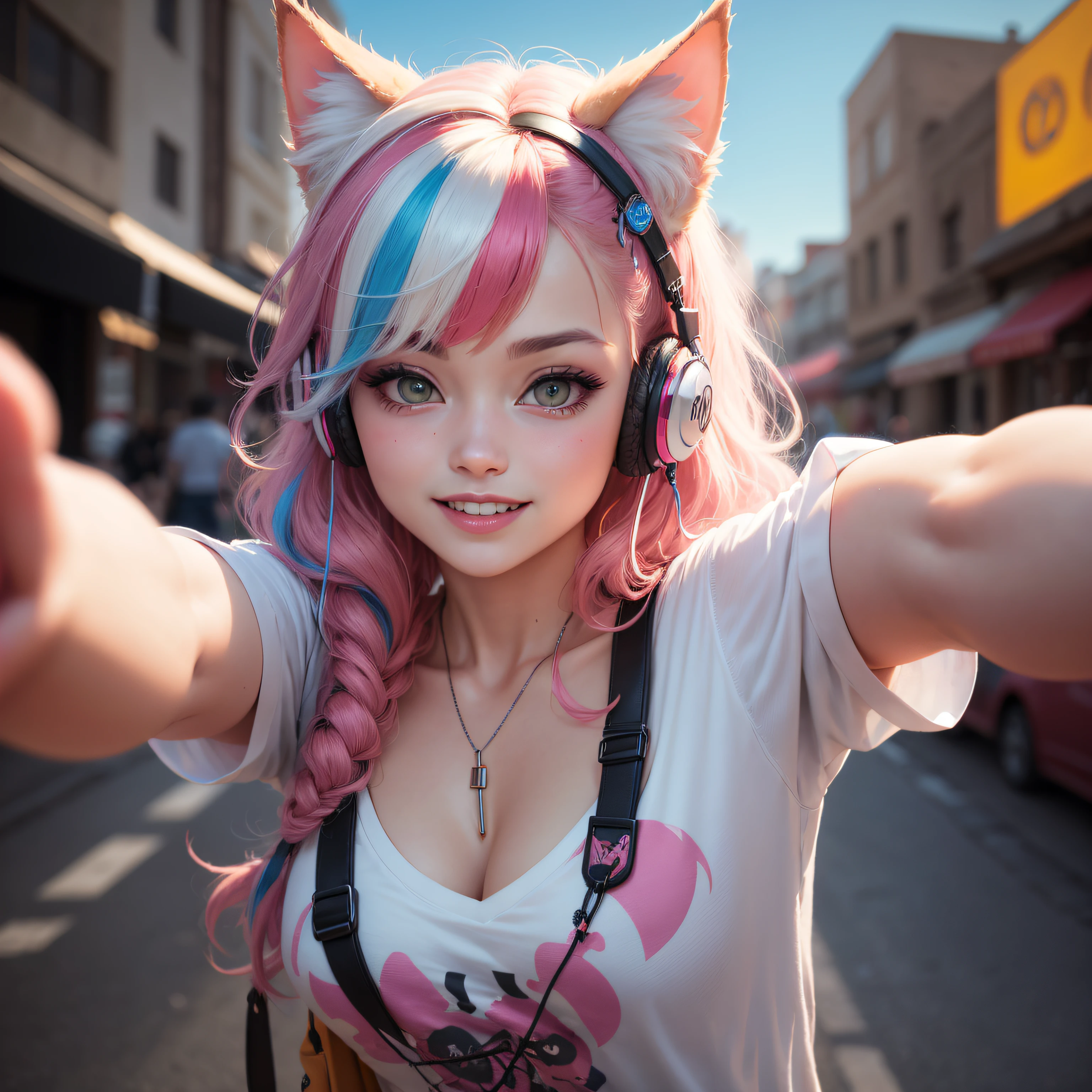 hair bobbles, wince, longeyelashes, solid circle eyes, fake animal ears, light smile, ear blush, fang, streaked hair, multicolored hair, heart-shaped pupils, cat ear headphones, full blush, Surrealism, drop shadow, anaglyph, stereogram, tachi-e, pov, atmospheric perspective, 8k, super detail, ccurate, best quality --auto