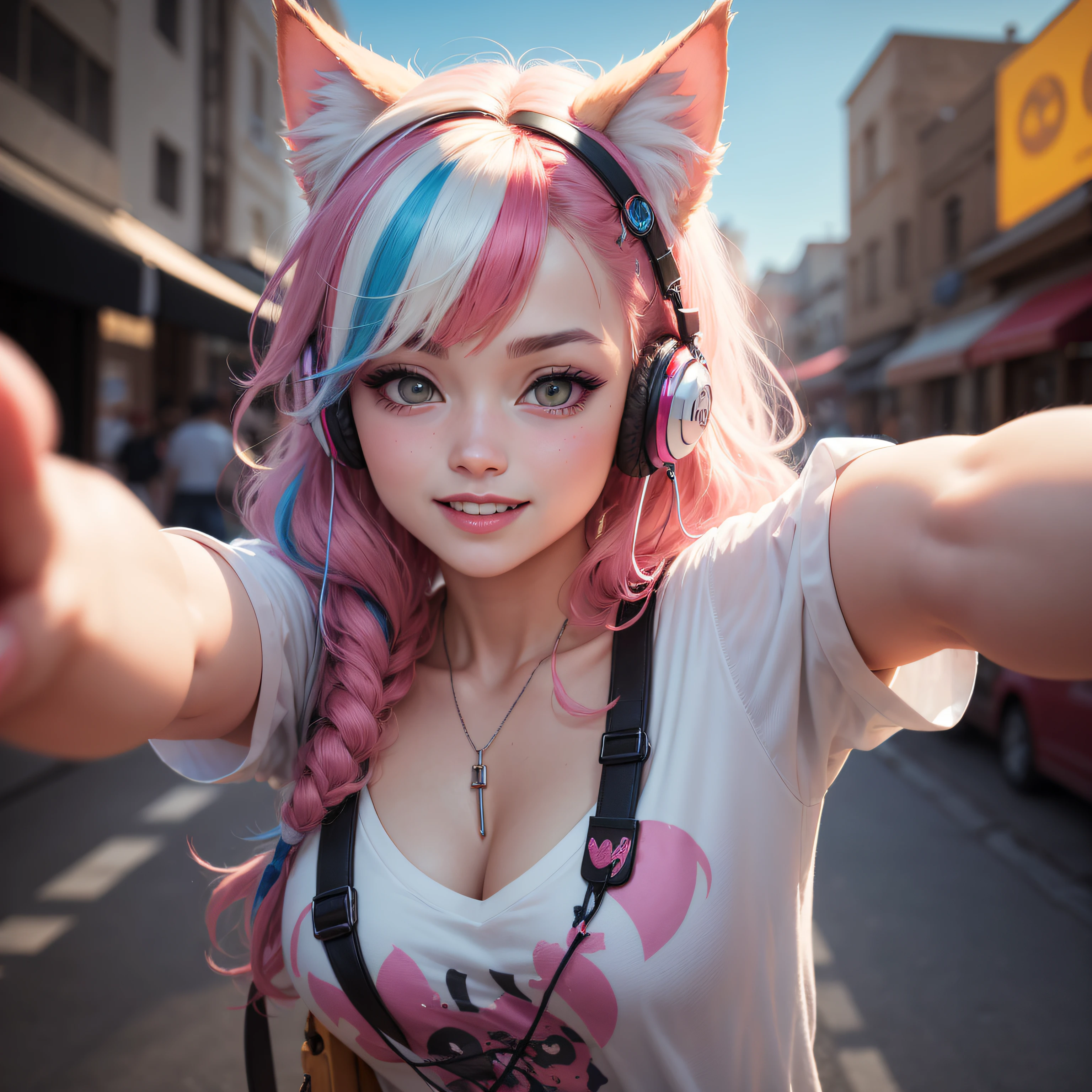 hair bobbles, wince, longeyelashes, solid circle eyes, fake animal ears, light smile, ear blush, fang, streaked hair, multicolored hair, heart-shaped pupils, cat ear headphones, full blush, Surrealism, drop shadow, anaglyph, stereogram, tachi-e, pov, atmospheric perspective, 8k, super detail, ccurate, best quality --auto