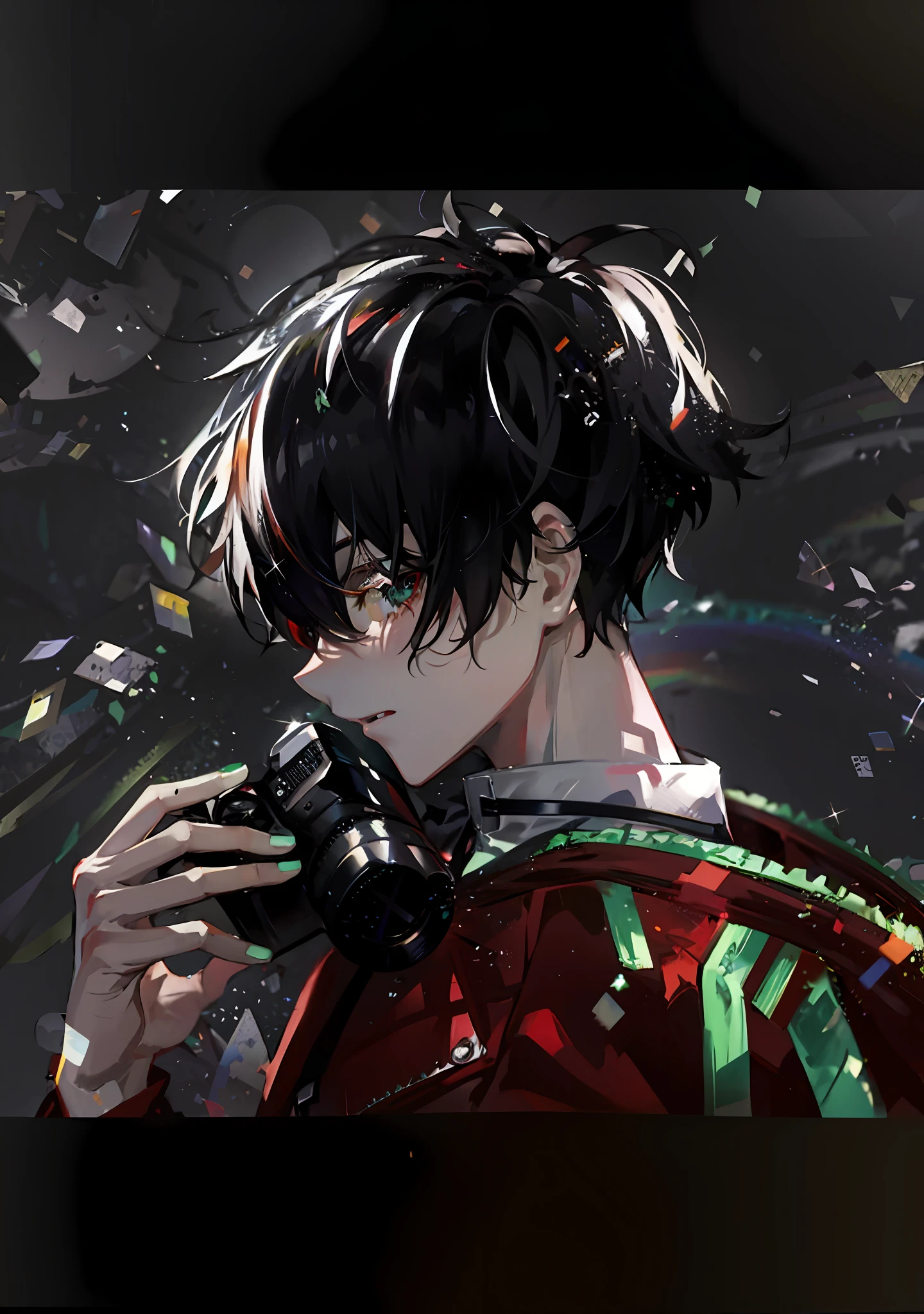 Anime boy with black hair and red shirt holding poisoned mask,4k manga wallpaper, anime wallabies,, epic 8k hd anime shooting, anime style mixed Fujifilm, Kaneki Ken, high quality anime art style, anime boy, side face, cold