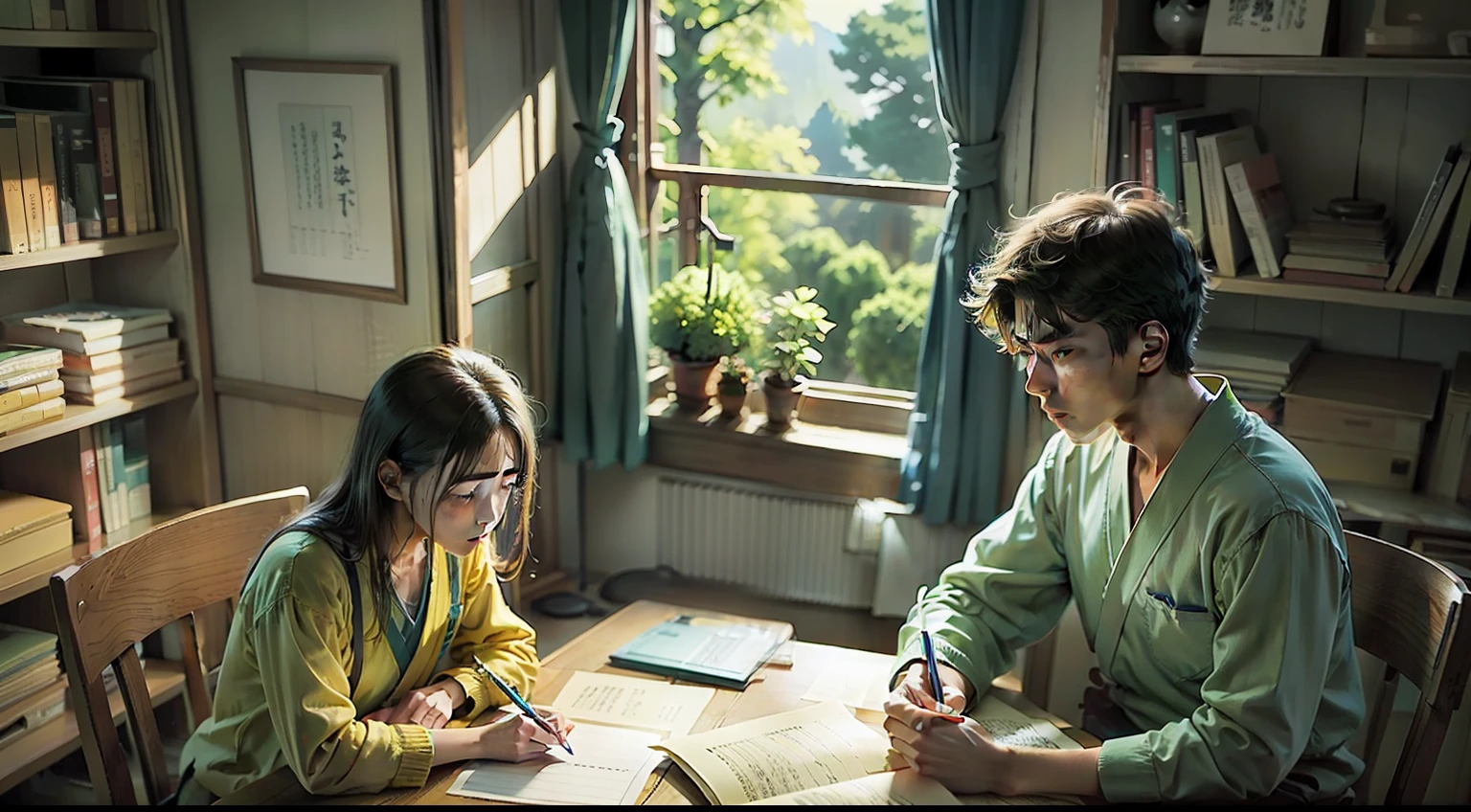 Japan male college students looking at notes in a Japanese-style room