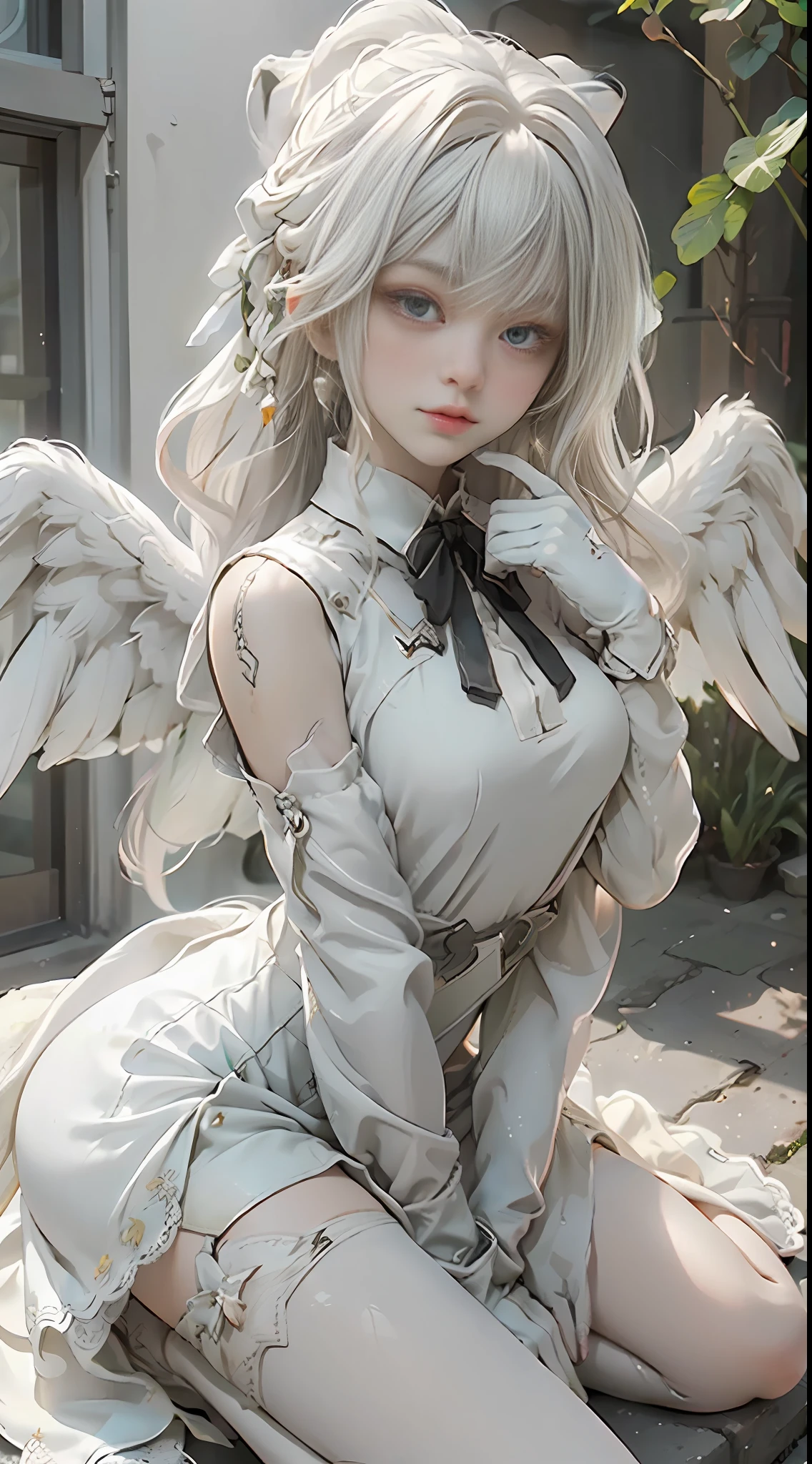 1 girl, halo, white gloves, angel wings, white pantyhose, bow, long hair, white footwear, pantyhose, white dress, bangs, double tail, blonde hair, thigh straps, long sleeves, yellow eyes, split sleeves, white wings, frilled dress, bow tie, brown eyes, room, nanase_eru, outdoor,