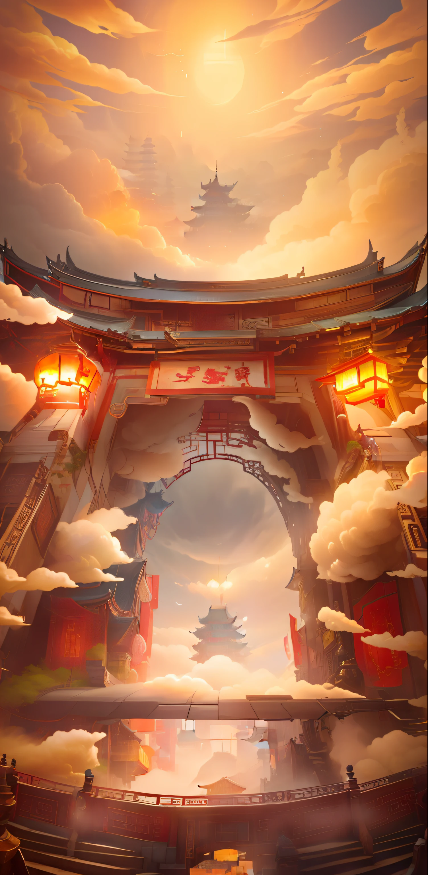 HD, looking up, in the middle of the picture is a Chinese-style building with an open door, clouds, steps, lanterns