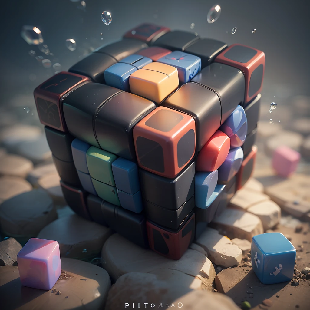 Traditional 3x3 colored magic cube , underwater, air drops rising, real image, suber Realistic, photography, Full HD, 32k, cinematic --auto --s2