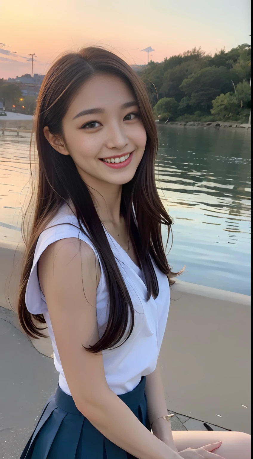 (8k, RAW photos, highest quality, masterpiece: 1.2), ultra detail, super resolution, (photorealistic: 1.4), frolicking at the water's edge, full body shots, full body photos, high resolution RAW color photos, professional photos, sun beach, emotional scenery, very detailed and beautiful, ultra high quality, 8k wallpapers, amazing details, huge file size, very detailed beautiful girls, very detailed faceVery detailed eyes, very realistic skin, Very detailed fingers, Very detailed nose, Very detailed mouth, Perfect anatomy, Very detailed background, Very detailed clothes, Teen, Pretty girl, Famous Japan idol, Cute, Realistic body, Slender, White skin, Radiant skin, Slim body, Realistic face, Delicate eyes, Double eyelids, Sailor suit, red tie, Pink eye shadow, high school girl Smiling hair, after school Beautiful sunset Beach brown hair Energetic Celebrity level cuteness Looks fun Smile full of figure, arms open facing us, modern female proofreading, full body photo
