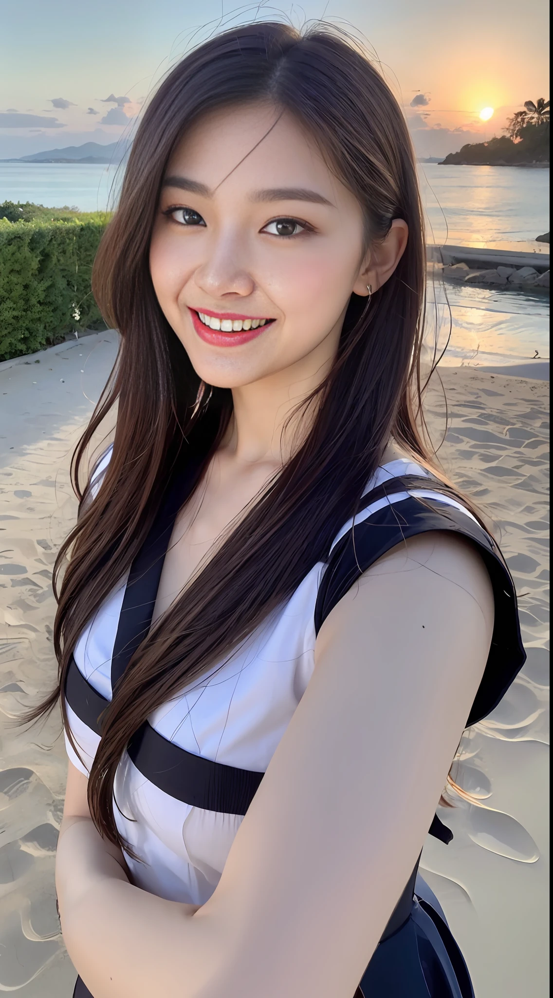 (8k, RAW photos, highest quality, masterpiece: 1.2), ultra detail, super resolution, (photorealistic: 1.4), frolicking at the water's edge, full body shots, full body photos, high resolution RAW color photos, professional photos, sun beach, emotional scenery, very detailed and beautiful, ultra high quality, 8k wallpapers, amazing details, huge file size, very detailed beautiful girls, very detailed faceVery detailed eyes, very realistic skin, Very detailed fingers, Very detailed nose, Very detailed mouth, Perfect anatomy, Very detailed background, Very detailed clothes, , Pretty girl, Famous Japan idol, Cute, Realistic body, Slender, White skin, Glowing skin, Slim body, Long straight hair, (dull bangs:1.2), Realistic face, Delicate eyes, Double eyelids, Sailor suit, red tie, pink eye shadow, high school girl Smiling hair, after school Beautiful sunset Beach brown hair Energetic Celebrity-level cuteness Looks fun Smiling figure, arms outstretched facing us, modern female proofreading, full body photo