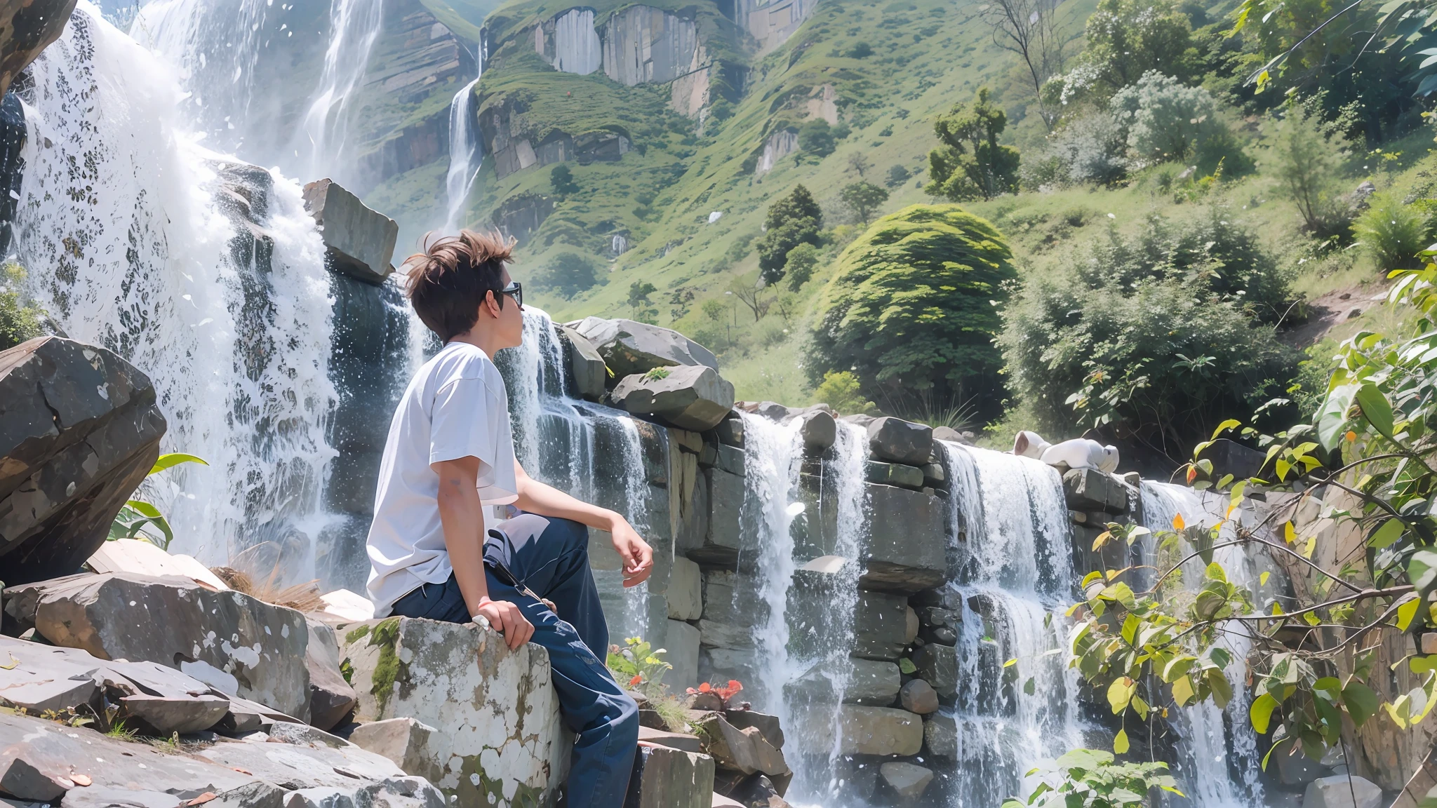 1boy, glasses, anime key vision, furry landscape [Gondor: Costa Rica: 1], dawn, surreal, peace, Orgolism, Kodak Ektar