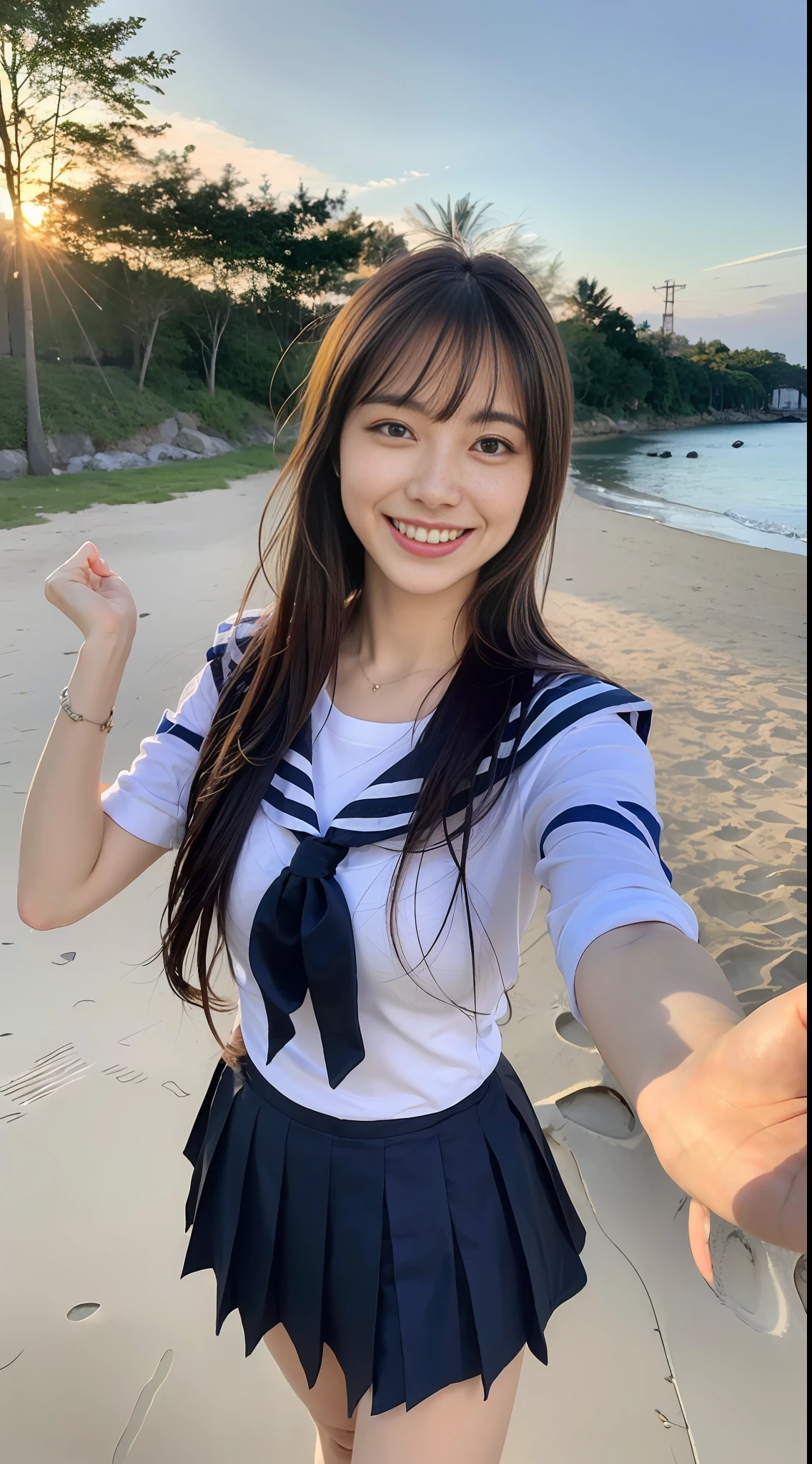 (8k, RAW photos, highest quality, masterpiece: 1.2), ultra detail, super resolution, (photorealistic: 1.4), frolicking at the water's edge, full body shots, full body photos, high resolution RAW color photos, professional photos, sun beach, emotional scenery, very detailed and beautiful, ultra high quality, 8k wallpapers, amazing details, huge file size, very detailed beautiful girls, very detailed faceVery detailed eyes, very realistic skin, Very detailed fingers, Very detailed nose, Very detailed mouth, Perfect ???????, Very detailed background, Very detailed clothes, Teen, Pretty girl, Famous Japan idol, Cute, Realistic body, Slender, White skin, Glowing skin, Slim body, Long straight hair, (dull bangs:1.2), Realistic face, Delicate eyes, Double eyelids, Sailor suit, red tie, pink eye shadow, high school girl Smiling hair, after school Beautiful sunset Beach brown hair Energetic Celebrity-level cuteness Looks fun Smiling figure, arms outstretched facing us, modern female proofreading, full body photo