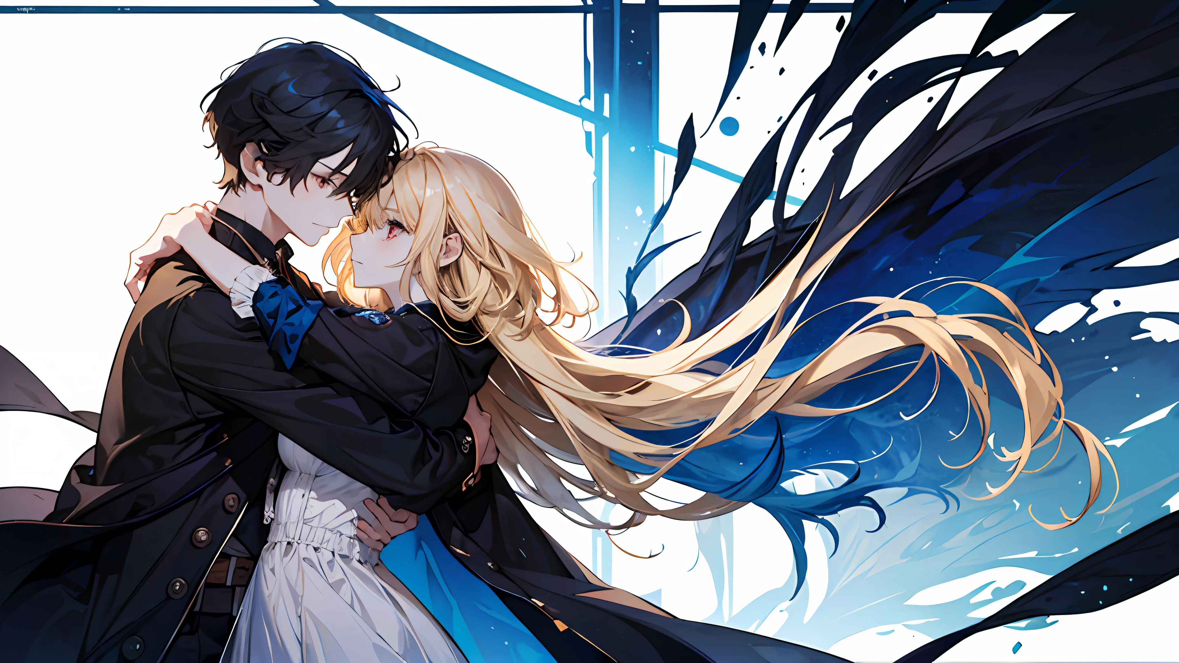 (a girl beautiful otherworldly elegant long blonde hair simple dress white blue long dress), (a boy red eyes short hair black hair black trench coat), (hug), (western medieval town), square, extreme details,