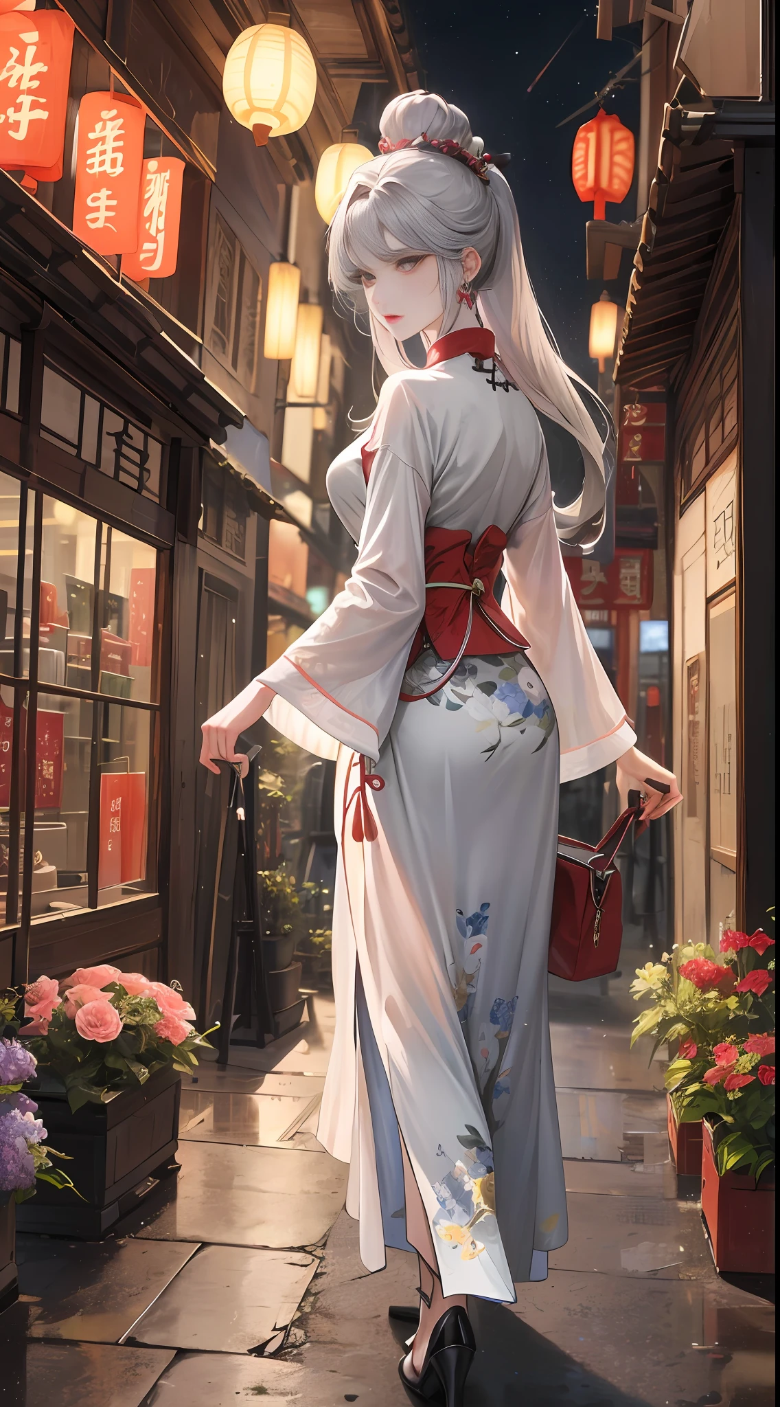 Masterpiece, Superb Beauty, Night, Full Moon, 1 Woman, Mature Woman, Chinese Style, Ancient China, Sister, Royal Sister, Silver-white Long-Haired Woman, Pale Pink Lips, Calm, Intellectual, Three Bands, Gray Eyes, Assassin, Short Knife, Flower Ball Background, Walking Street View