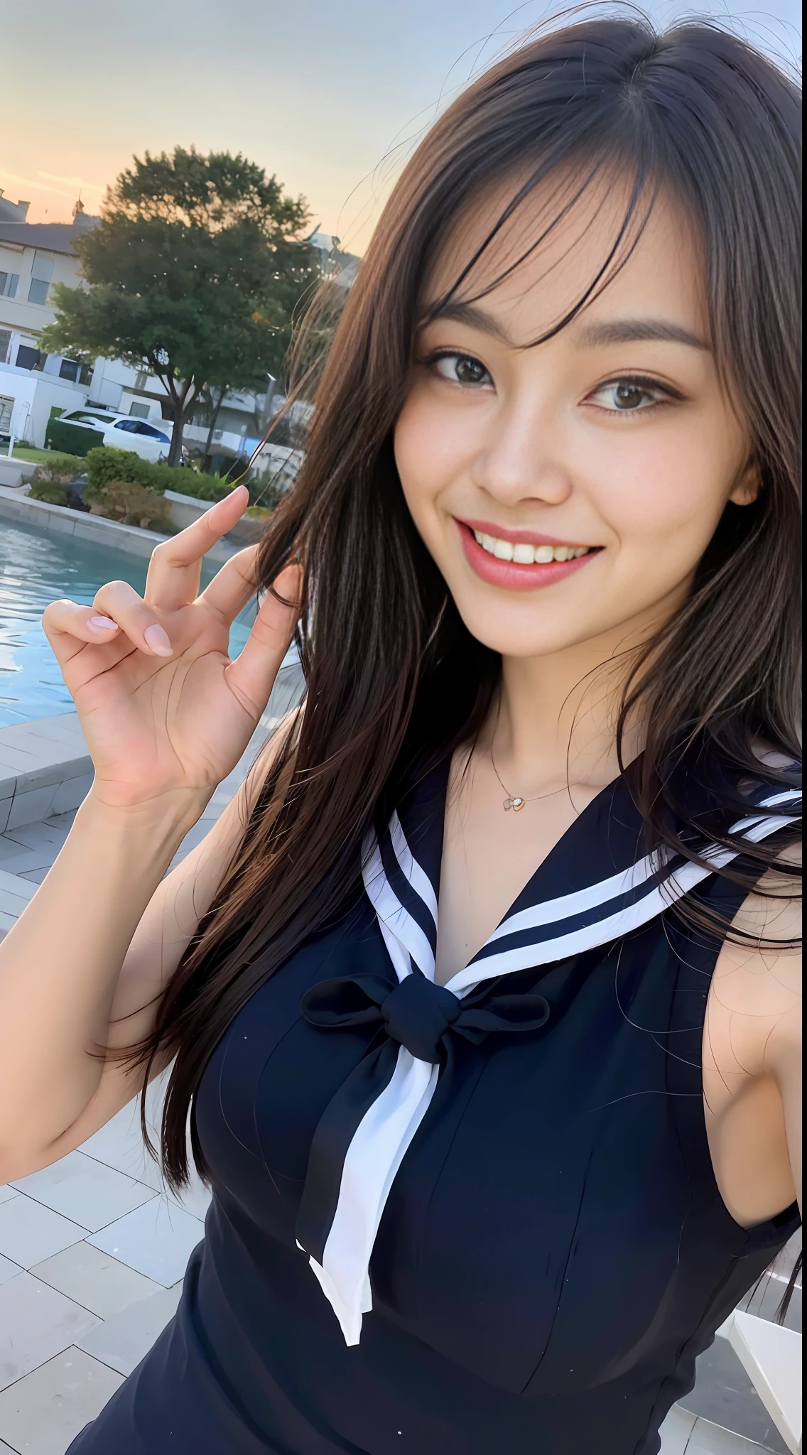 (8k, RAW photos, highest quality, masterpiece: 1.2), ultra detail, super resolution, (photorealistic: 1.4), frolicking at the water's edge, full body shots, full body photos, high resolution RAW color photos, professional photos, sun beach, emotional scenery, very detailed and beautiful, ultra high quality, 8k wallpapers, amazing details, huge file size, very detailed beautiful girls, very detailed faceVery detailed eyes, very realistic skin, Very detailed fingers, Very detailed nose, Very detailed mouth, Perfect anatomy, Very detailed background, Very detailed clothes, Teen, Pretty girl, Famous Japan idol, Cute, Realistic body, Slender, White skin, Glowing skin, Slim body, Long straight hair, (dull bangs:1.2), Realistic face, Delicate eyes, Double eyelids, Sailor suit, red tie, pink eye shadow, high school girl Smiling hair, after school Beautiful sunset Beach brown hair Energetic Celebrity-level cuteness Looks fun Smiling figure, arms outstretched facing us, modern female proofreading, full body photo