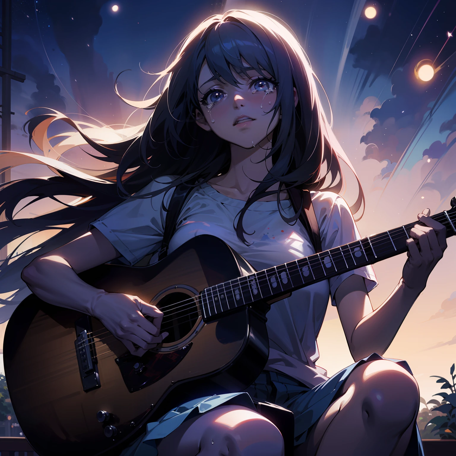 anime girl with guitar in night sky, crying face, tears, nightcore, (anime girl), playing guitar, beautiful anime girl, playing guitar, anime girl with long hair, anime girl, background artwork, realistic anime art style, girl playing guitar, guitar solo, anime pictures, beautiful anime, high quality anime art style, fan art