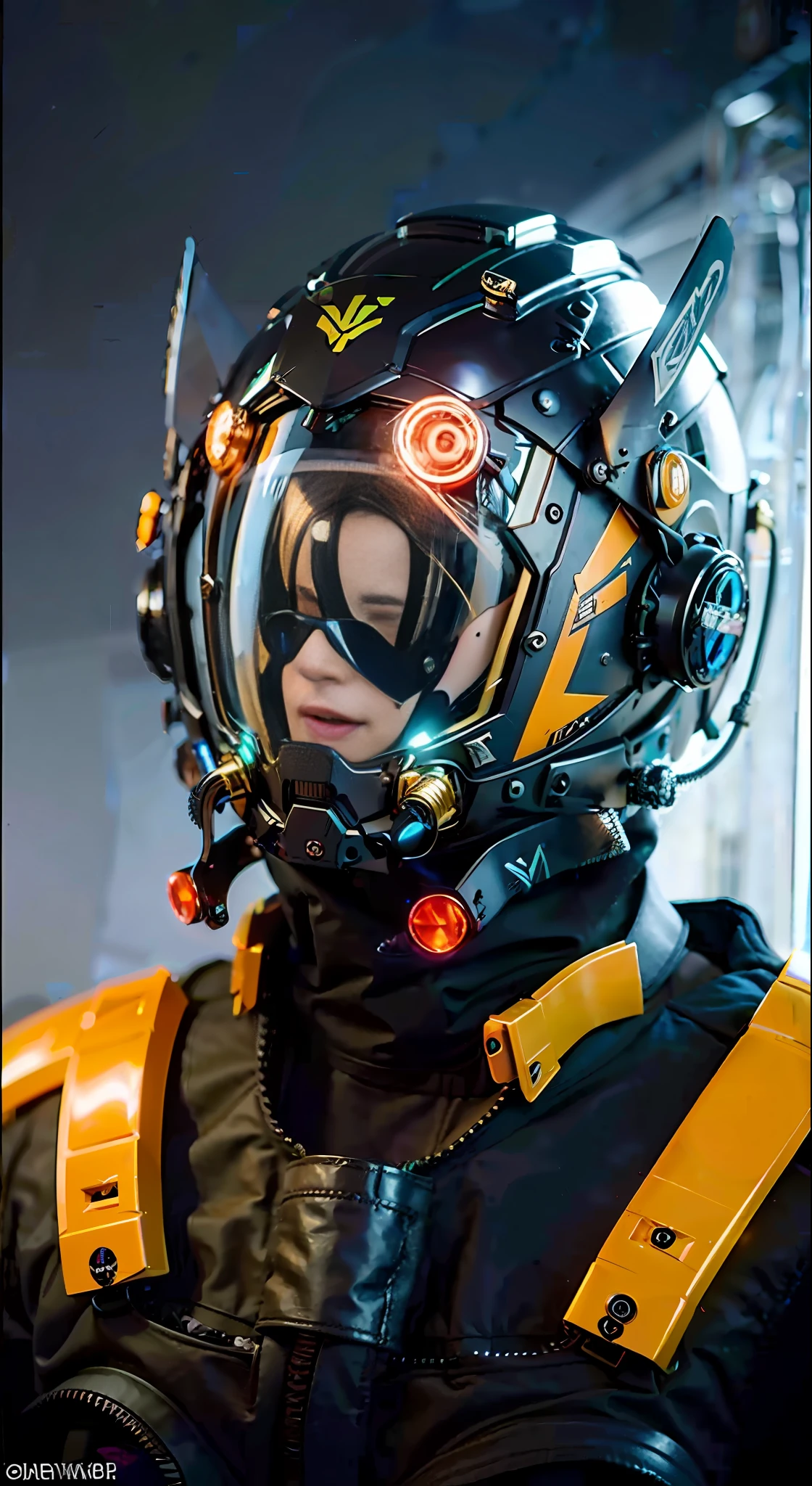 Masterpiece, best quality, a close-up of a futuristic-looking cyborg girl with a fantastic cyberhelmet head with golden triangular LED lights and a halo, dressed in a colorfull Techwear jacket, full body white background