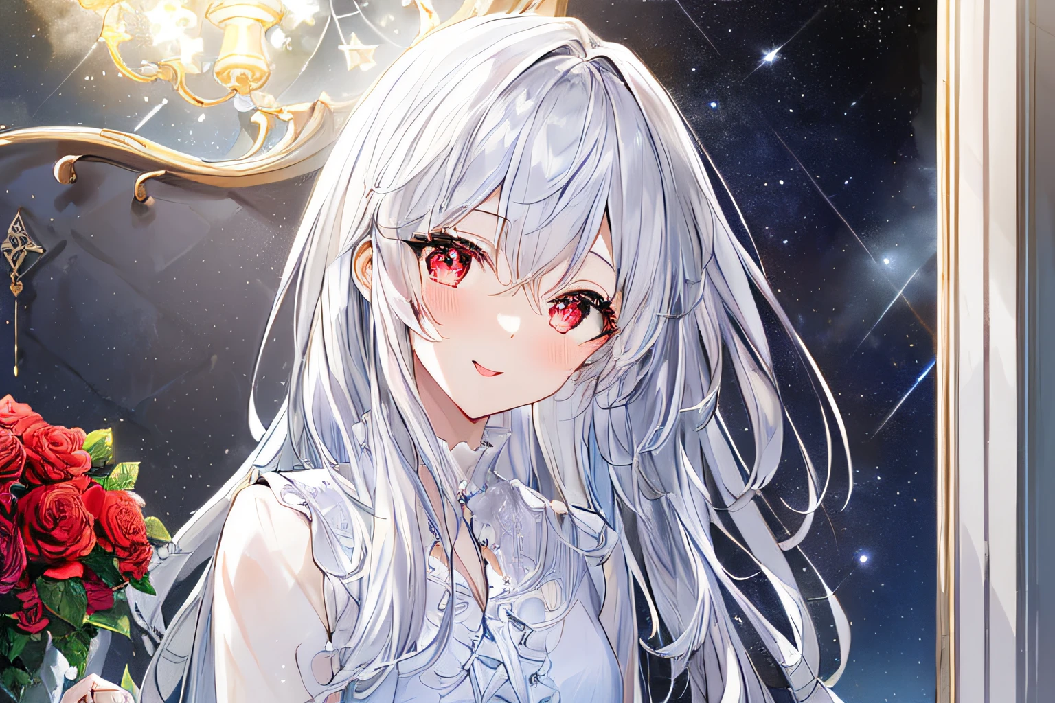 1girl, full body, denim photo, (Rembrandt), illustration, (masterpiece), (best quality), (ultra_detailed), finely detail, (Depth of field), , glove, long hair, star\ (symbol\), looking at viewer, (silver hair:1.2), red eyes, upper body, hair ornament, :p, frills, pink shirt, smile, sleeveless, shirt, idol, symbol-shaped pupils, hands up, sleeveless, shirt, idol, symbol-shaped pupil, bangs, side up, star-shaped pupil, arms up, skirt pulling, roaring twenties, isometric, seen from above, sky, flowerscliff