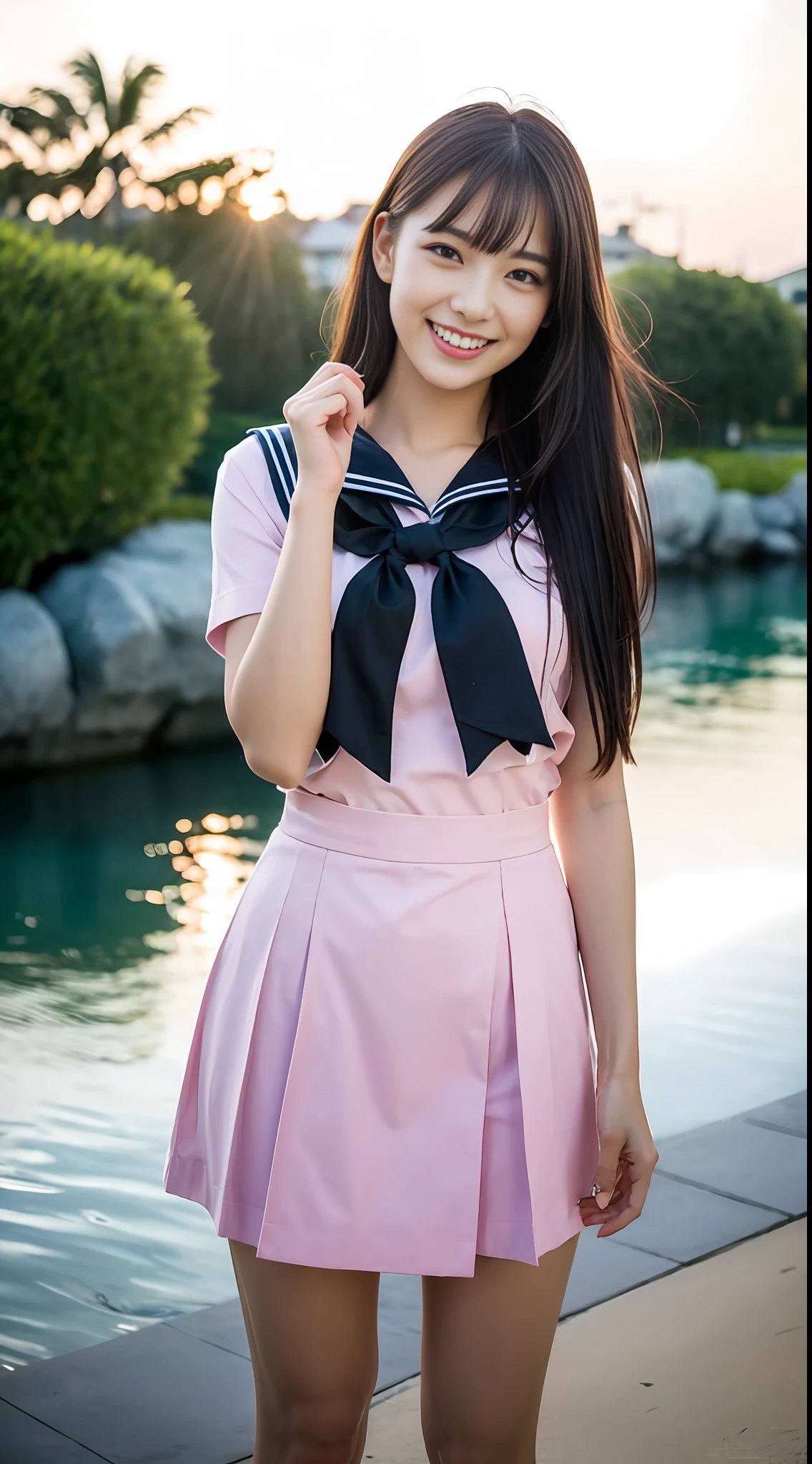 (8k, RAW photos, highest quality, masterpiece: 1.2), ultra detail, super resolution, (photorealistic: 1.4), frolicking at the water's edge, full body shots, full body photos, high resolution RAW color photos, professional photos, sun beach, emotional scenery, very detailed and beautiful, ultra high quality, 8k wallpapers, amazing details, huge file size, very detailed beautiful girls, very detailed faceVery detailed eyes, very realistic skin, Very detailed fingers, Very detailed nose, Very detailed mouth, Perfect anatomy, Very detailed background, Very detailed clothes, , Pretty girl, Famous Japan idol, Cute, Realistic body, Slender, White skin, Glowing skin, Slim body, Long straight hair, (dull bangs:1.2), Realistic face, Delicate eyes, Double eyelids, Sailor suit, red tie, pink eye shadow, high school girl Smiling hair, after school Beautiful sunset Beach brown hair Energetic Celebrity-level cuteness Looks fun Smiling figure, arms outstretched facing us, modern female proofreading, full body photo