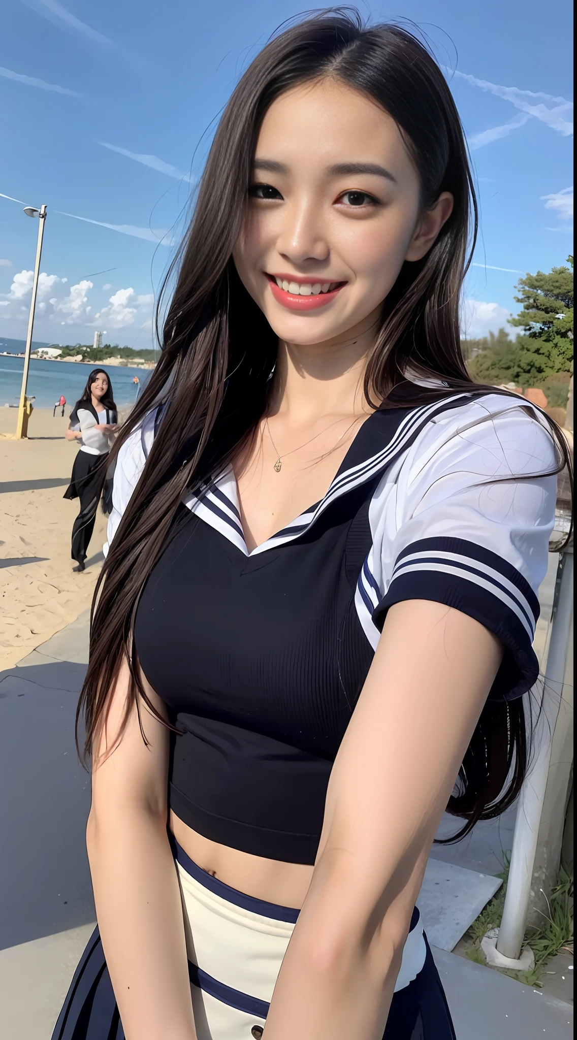 (8k, RAW photos, highest quality, masterpiece: 1.2), ultra detail, super resolution, (photorealistic: 1.4), frolicking at the water's edge, full body shots, full body photos, high resolution RAW color photos, professional photos, sun beach, emotional scenery, very detailed and beautiful, ultra high quality, 8k wallpapers, amazing details, huge file size, very detailed beautiful girls, very detailed faceVery detailed eyes, very realistic skin, Very detailed fingers, Very detailed nose, Very detailed mouth, Perfect anatomy, Very detailed background, Very detailed clothes, , Pretty girl, Famous Japan idol, Cute, Realistic body, Slender, White skin, Glowing skin, Slim body, Long straight hair, (dull bangs:1.2), Realistic face, Delicate eyes, Double eyelids, Sailor suit, red tie, pink eye shadow, high school girl Smiling hair, after school Beautiful sunset Beach brown hair Energetic Celebrity-level cuteness Looks fun Smiling figure, arms outstretched facing us, modern female proofreading, full body photo