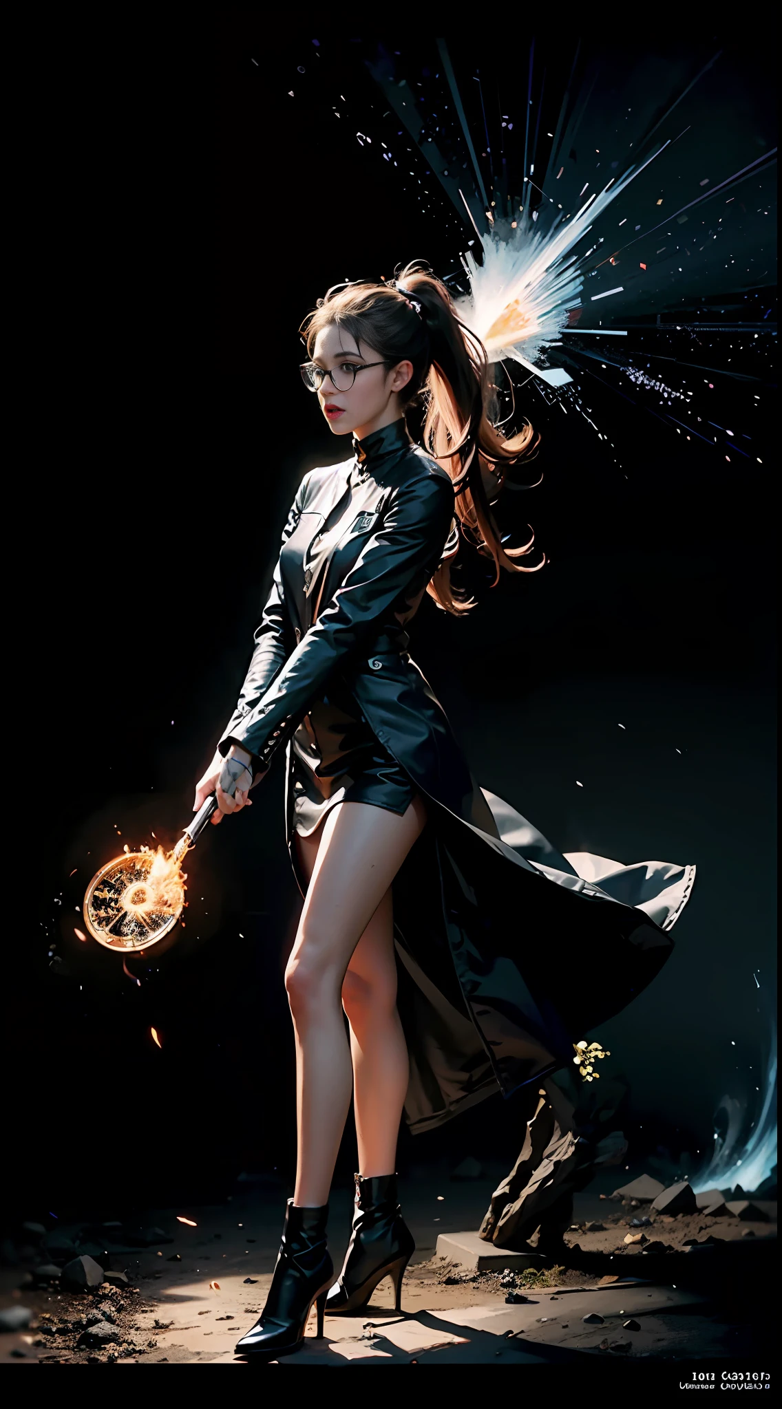 best quality, masterpiece, cinematic lighting, complex, simple background, detailed face, full body, (silhouette:1.2), (popart:1.3), line art,
1 girl, magic, aura, spellcaster, model standing, center, fog, epic, spell, magic, energy, fire, water, chaos, (portal: 1.2), staff, tattoo, (clock: 1.2), long hair, glasses, high ponytail,