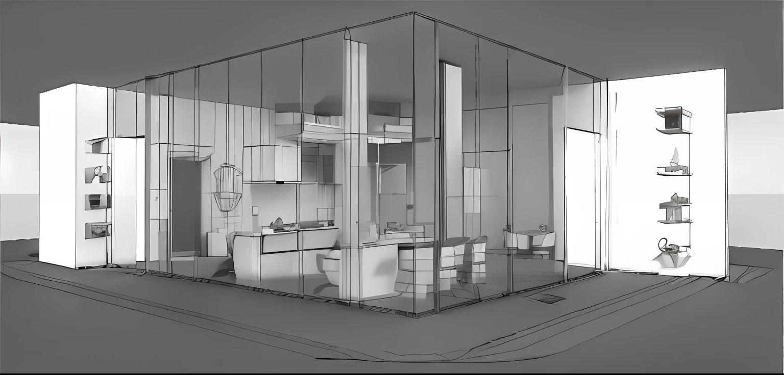 a rendering of a room with a large mirror and a sink, raytraced 3d set design, bw 3 d render, set design, sketch - up, orthographic 3d rendering, detailed set design, vue 3d render, an ambient occlusion render, ambient occlusion render, concept drawing, 3 d perspective, 3d concept, 3 - d render
