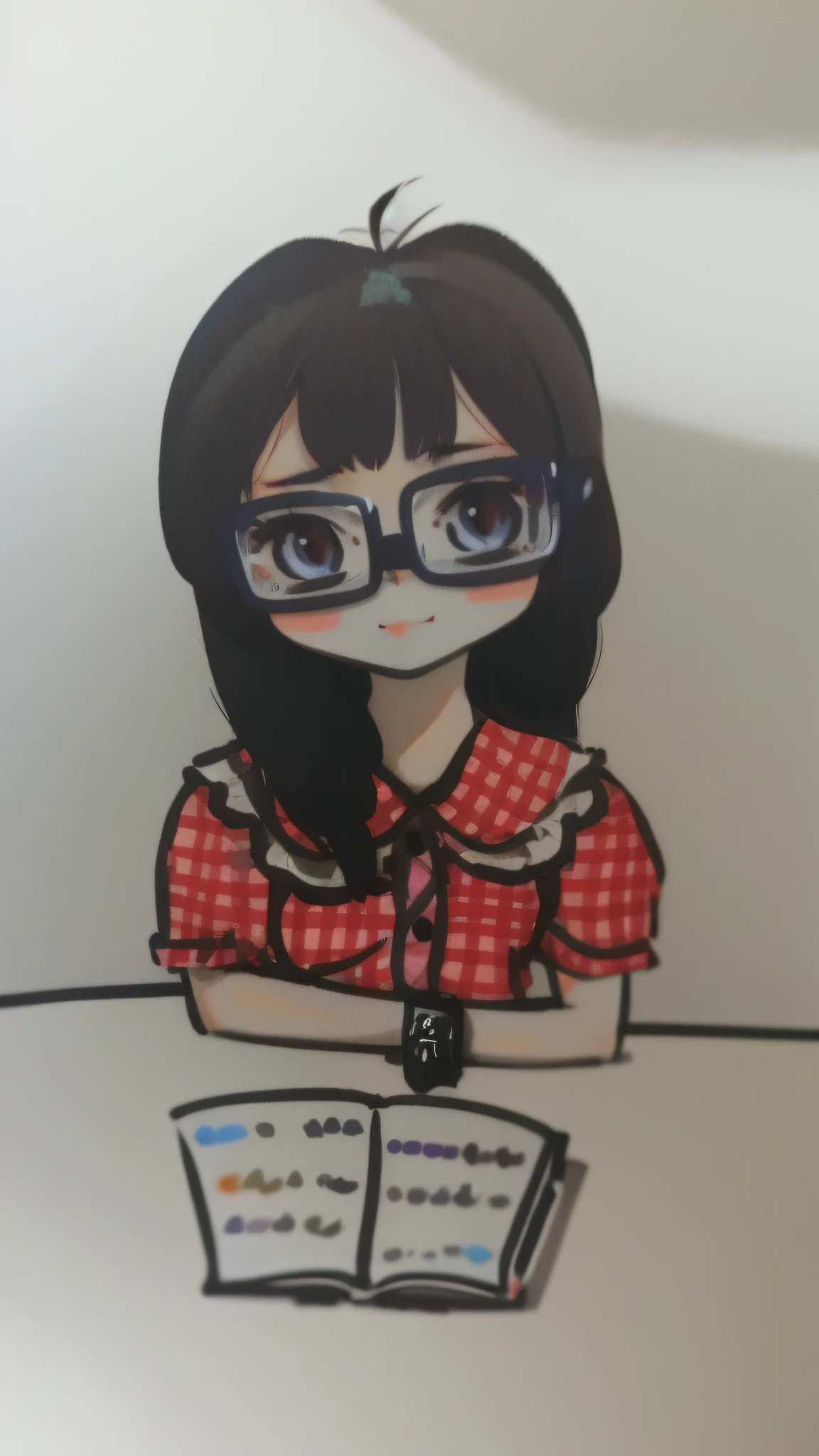drawing of a girl with glasses sitting at a table with a book, by Yuki Ogura, zumidraws, by Oka Yasutomo, in an anime style, natsumi mukai artwrok, an anime drawing, chibi girl, halfbody portrait, by Rei Kamoi, by Ai-Mitsu, charicature, by Yasutomo Oka --auto
