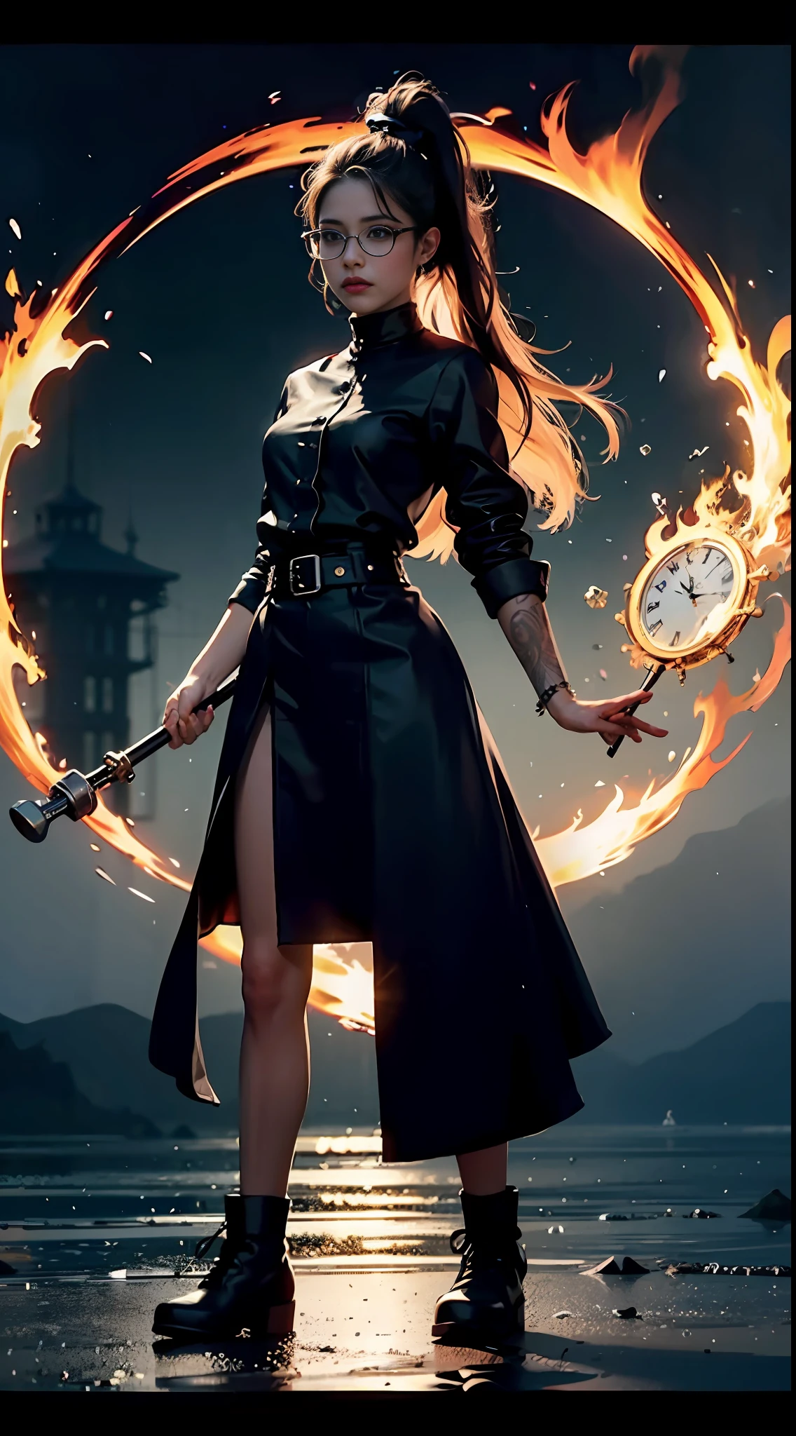 best quality, masterpiece, cinematic lighting, complex, simple background, detailed face, full body, (silhouette:1.2), (popart:1.3), line art,

1 girl, magic, aura, spellcaster, model standing, center, fog, epic, spell, magic, energy, fire, water, chaos, (portal: 1.2), staff, tattoo, (clock: 1.2), long hair, glasses, high ponytail,