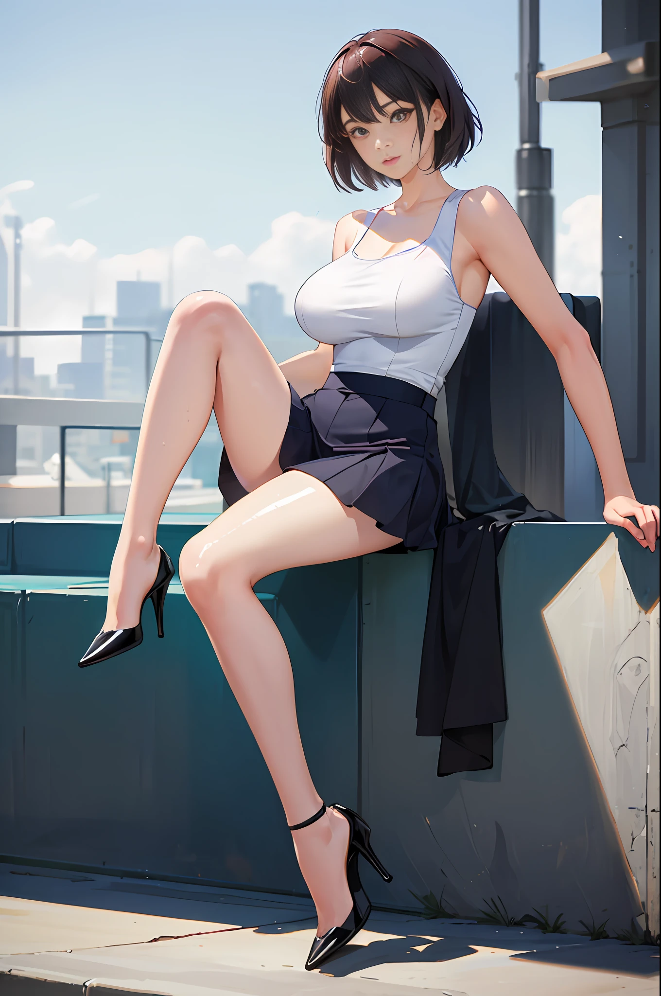 1girl, solo, full body portrait, white camisole vest, high heels, tennis wear, gray pantyhose, masterpiece, best quality, realistic, super detailed, (shiny skin, sweating: 1.4), looking at the audience, light blue short hair, red eyes, slender, dynamic light and shadow, high resolution, sharp focus, depth of field, fine eyes, sharp pupils, realistic pupils, (big breast: 1.2), (thigh white: 2.0), outdoor, sky