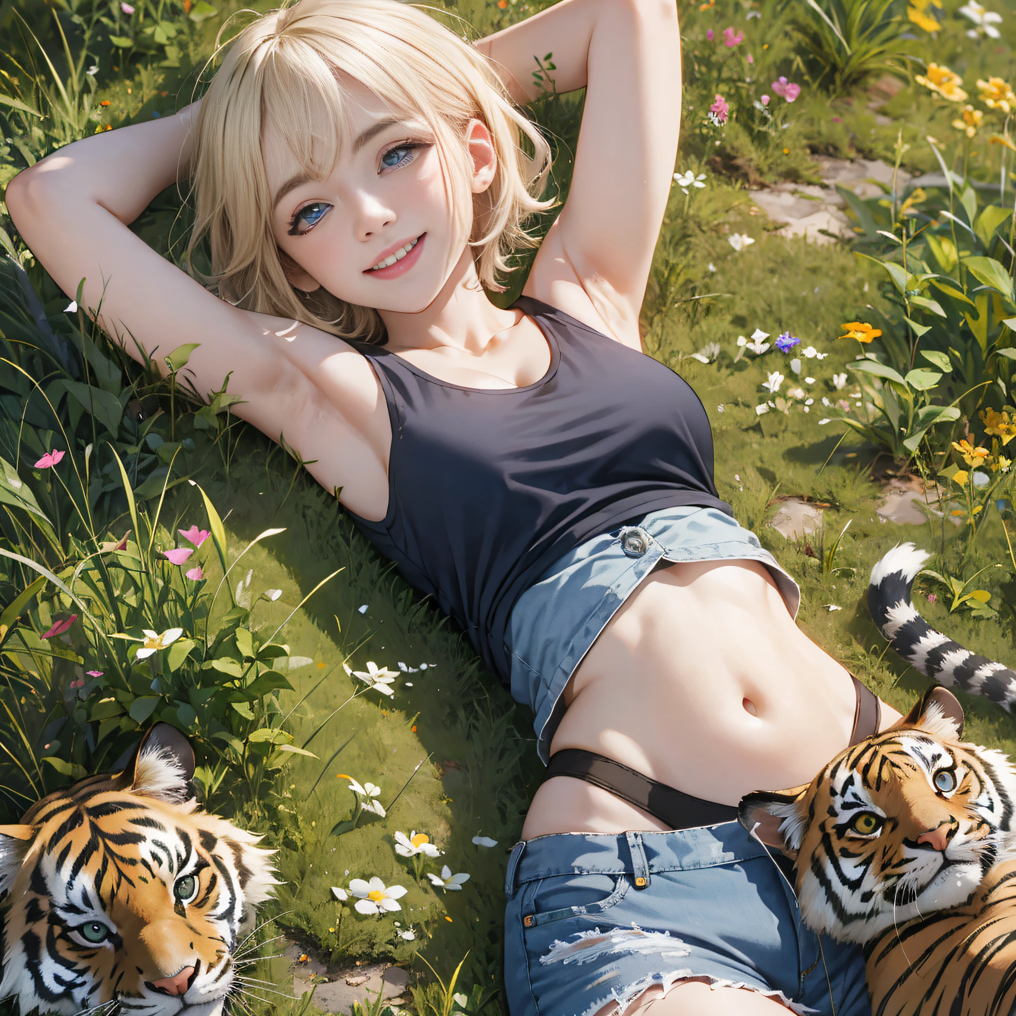 Yokohama Harbor, park, facing, lying down, grass, a girl playing with tiger cats, adorable face, smiling, blonde, short bob, detailed eyes, blue eyes, double eyelids, long eyelashes, long limbs, medium-sized breasts, cleavage, slim waist, visible navel, white tank top:1.3, distressed denim shorts:1.4, white sneakers, cinematic lighting,