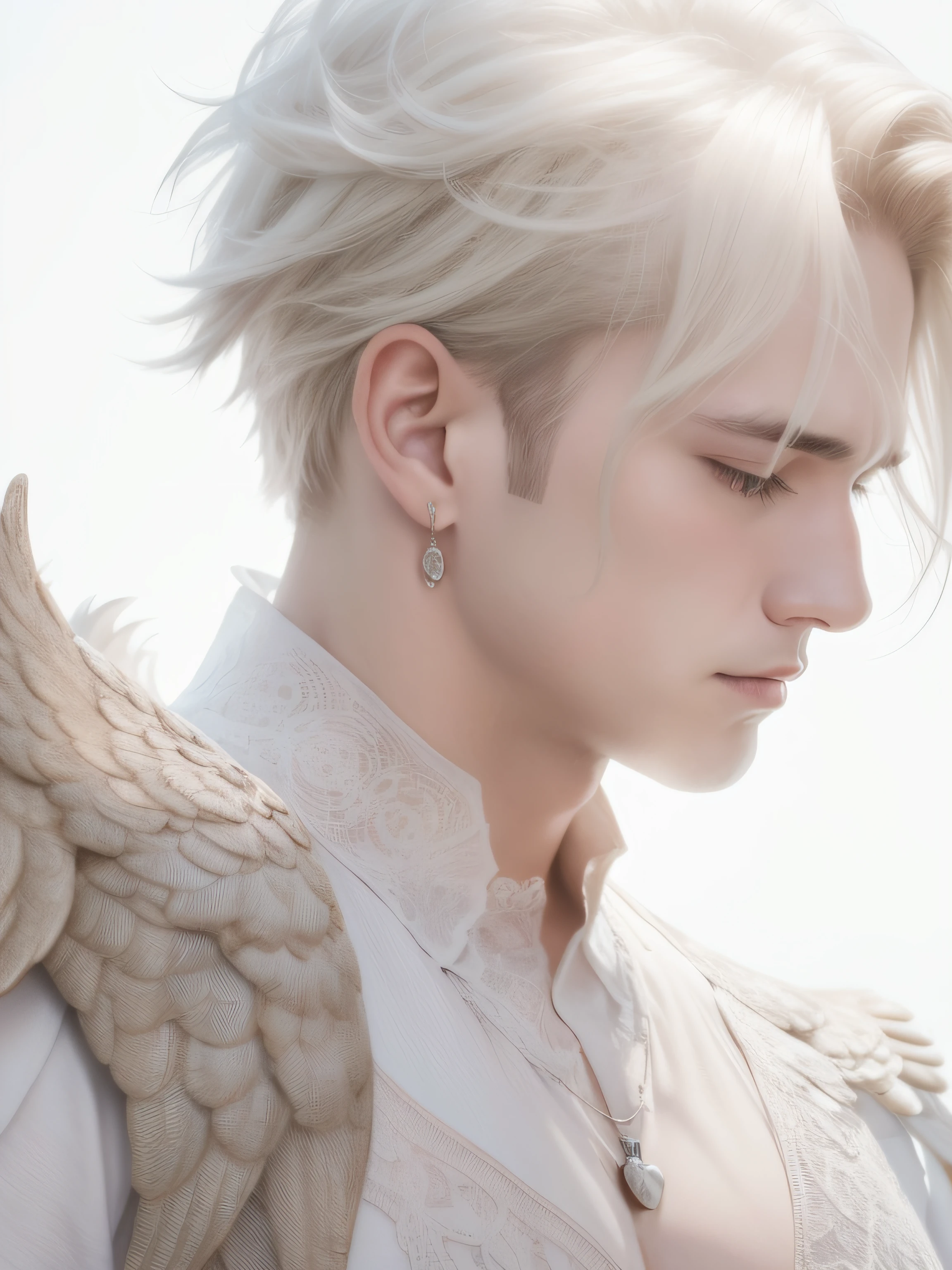 Young man. I want a fat man. Realistic photo. Shirtless man, white eyes, detailed face. White angel, pale skin. legs open. 3 pairs of wings, angel wings, flying in a black sky, night sky. Man, Male. muscular body. fat body.